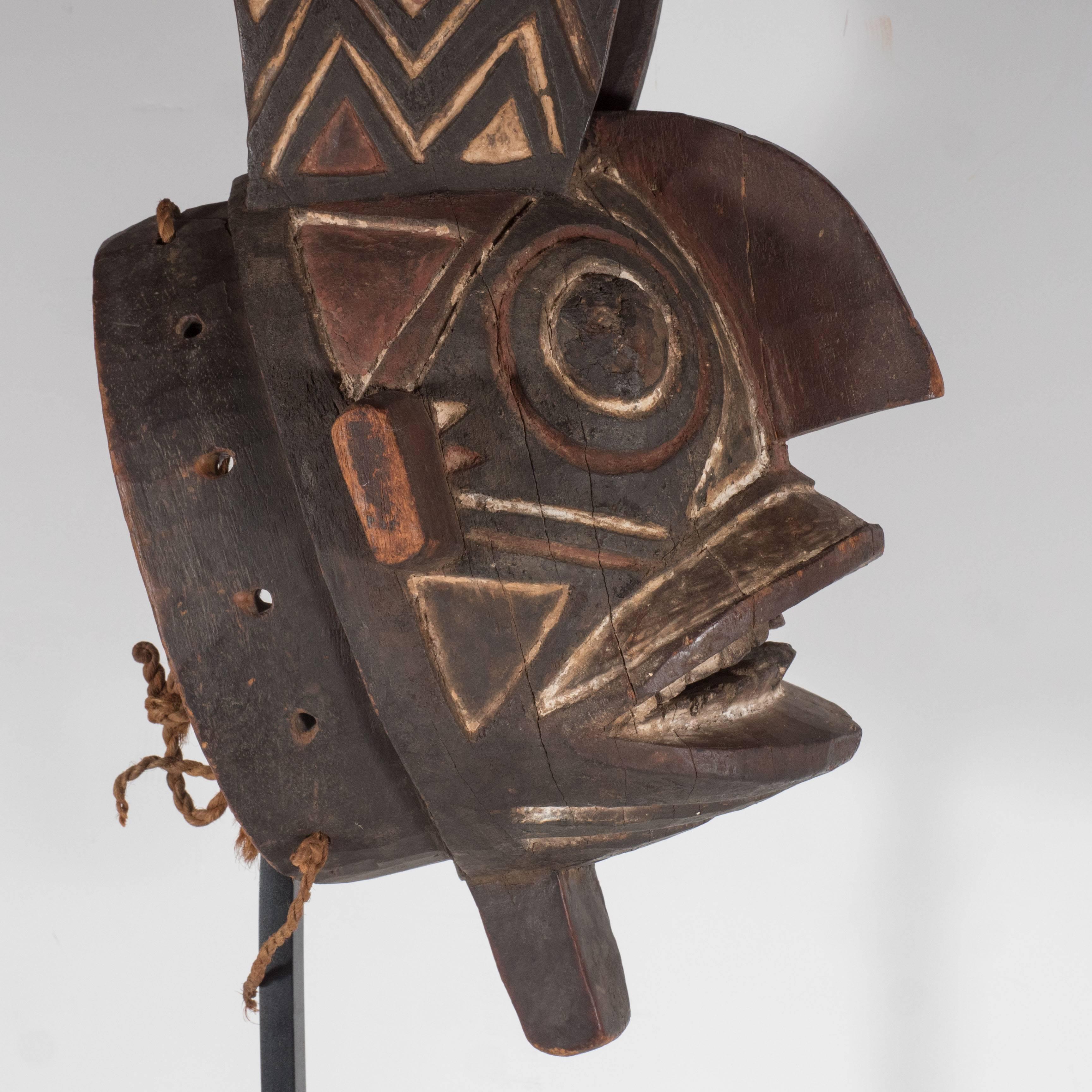 Tribal 19th Century Bwa Mask Burkina Faso Mounted on Custom Black Enamel Stand