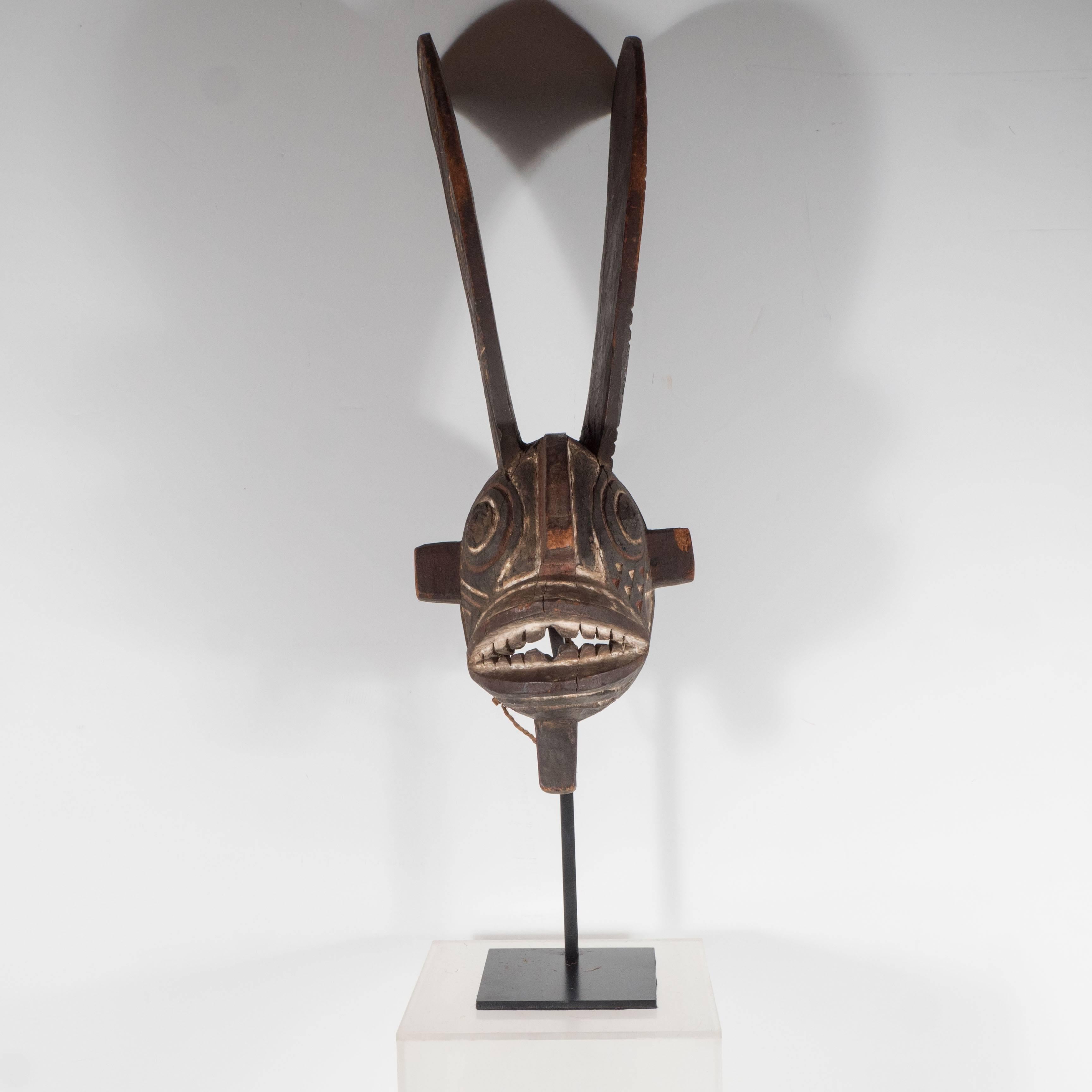 19th Century Bwa Mask Burkina Faso Mounted on Custom Black Enamel Stand 1
