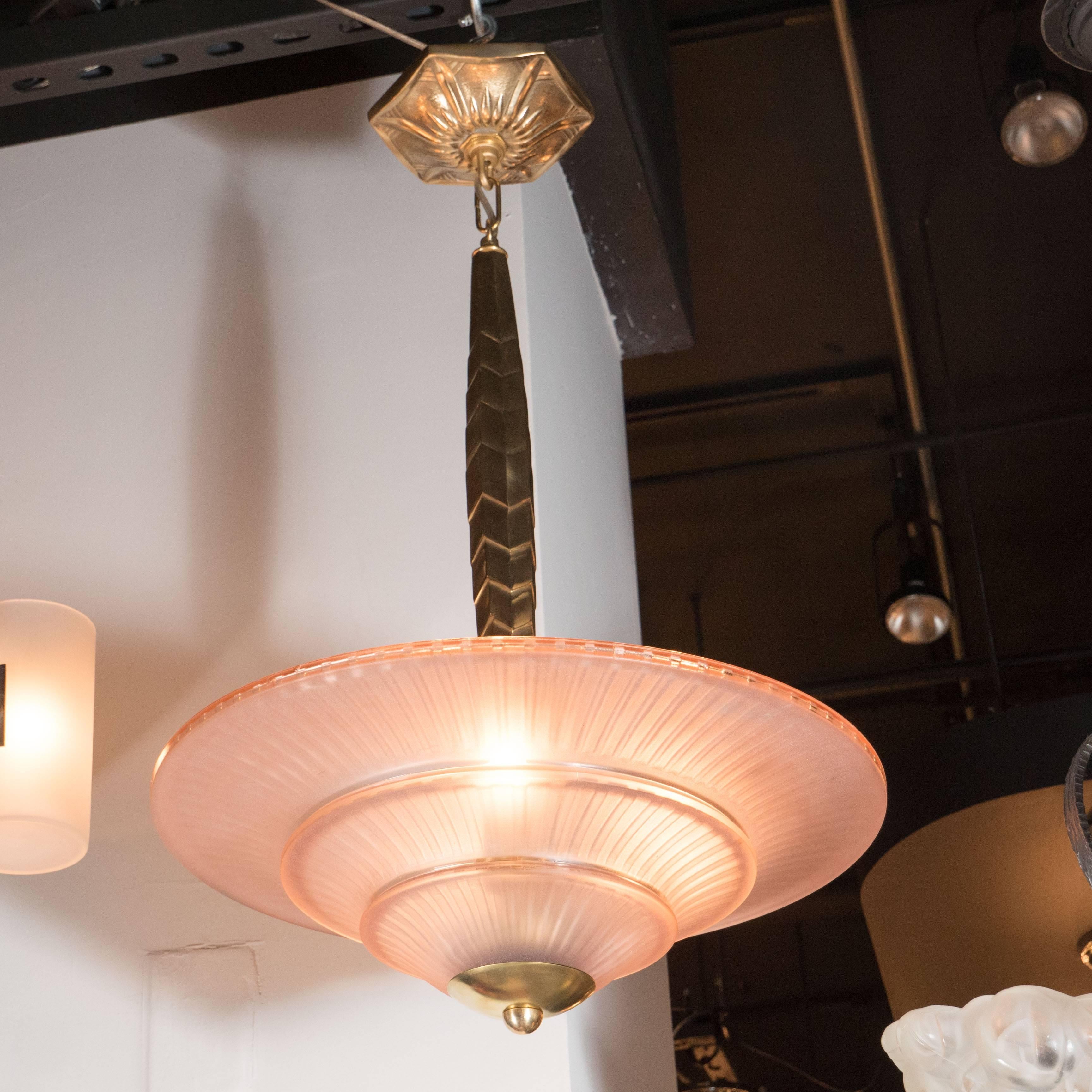 Art Deco Bronze and Frosted Copper Glass Pendant/Chandelier, France, circa 1935 In Excellent Condition In New York, NY