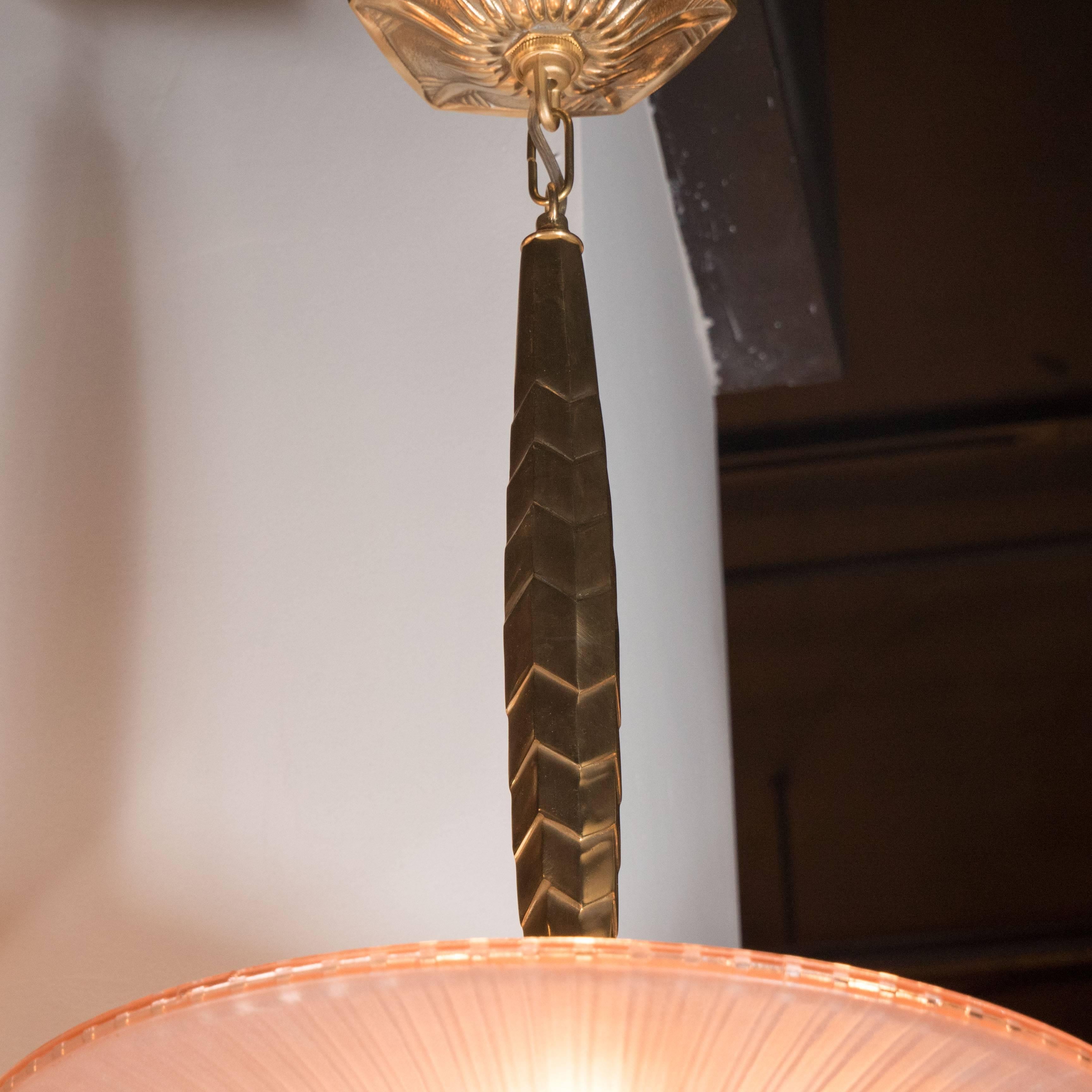 Art Deco Bronze and Frosted Copper Glass Pendant/Chandelier, France, circa 1935 2