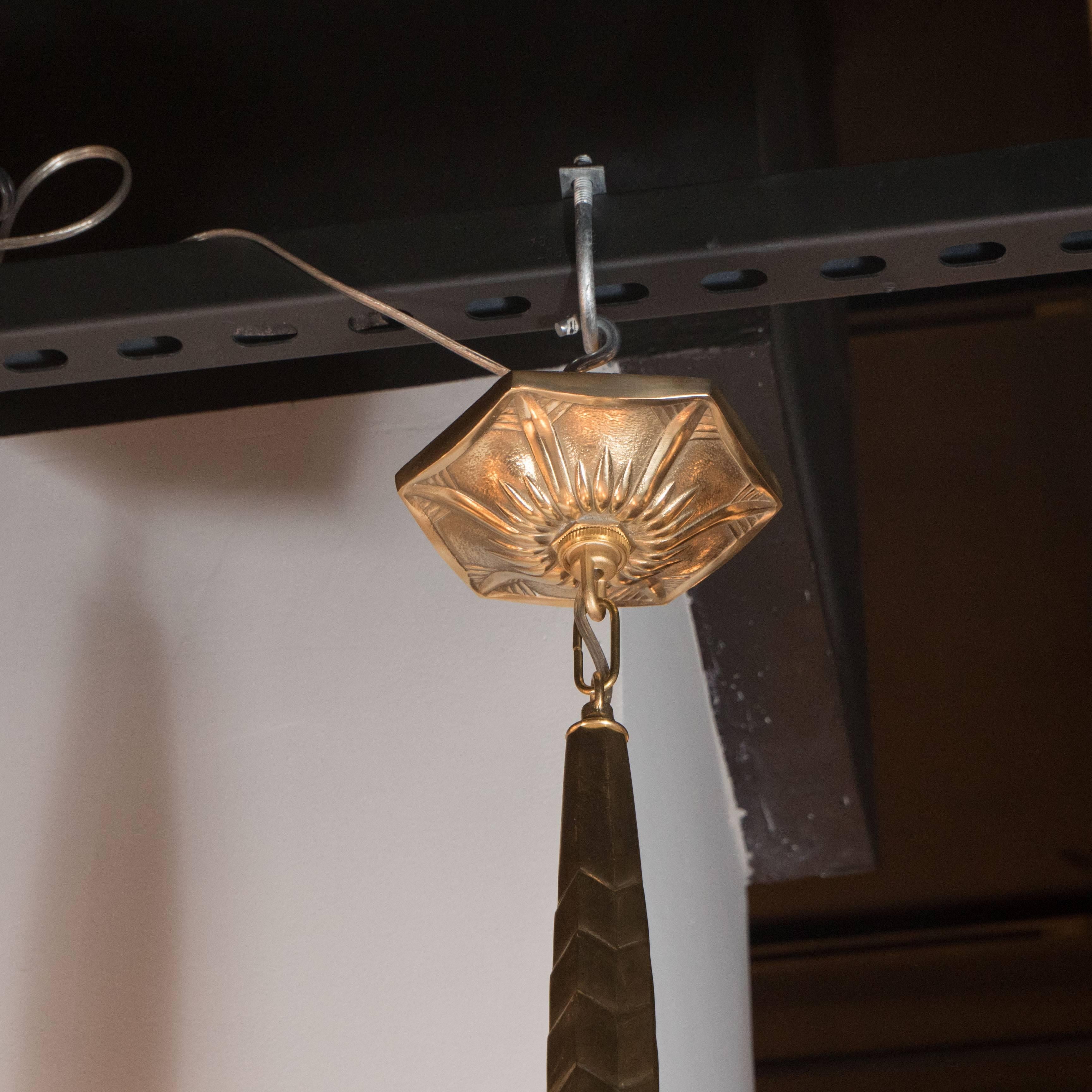 Art Deco Bronze and Frosted Copper Glass Pendant/Chandelier, France, circa 1935 3