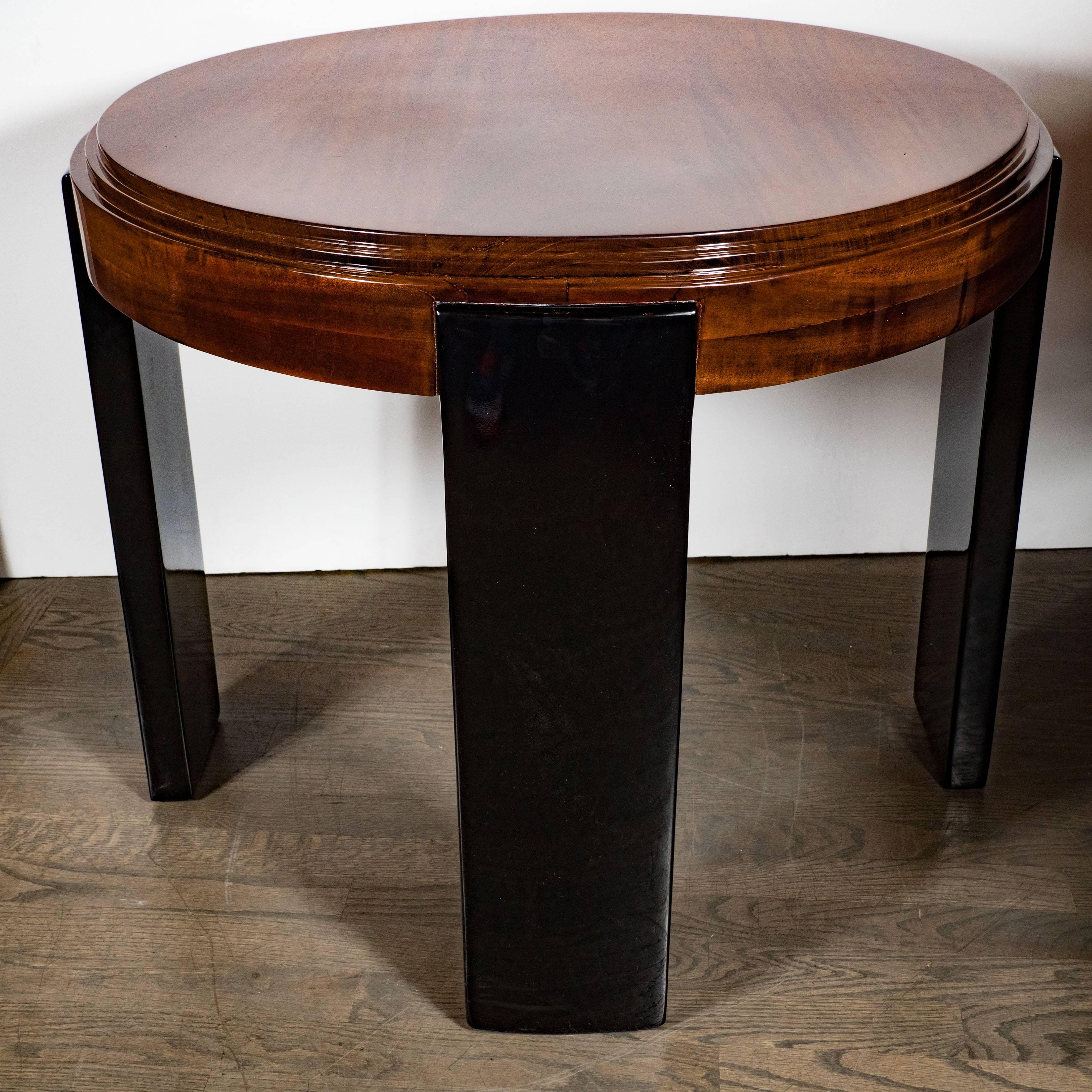 Ebonized Art Deco Skyscraper Style Stepped Detail Side Table with Black Lacquer Legs For Sale