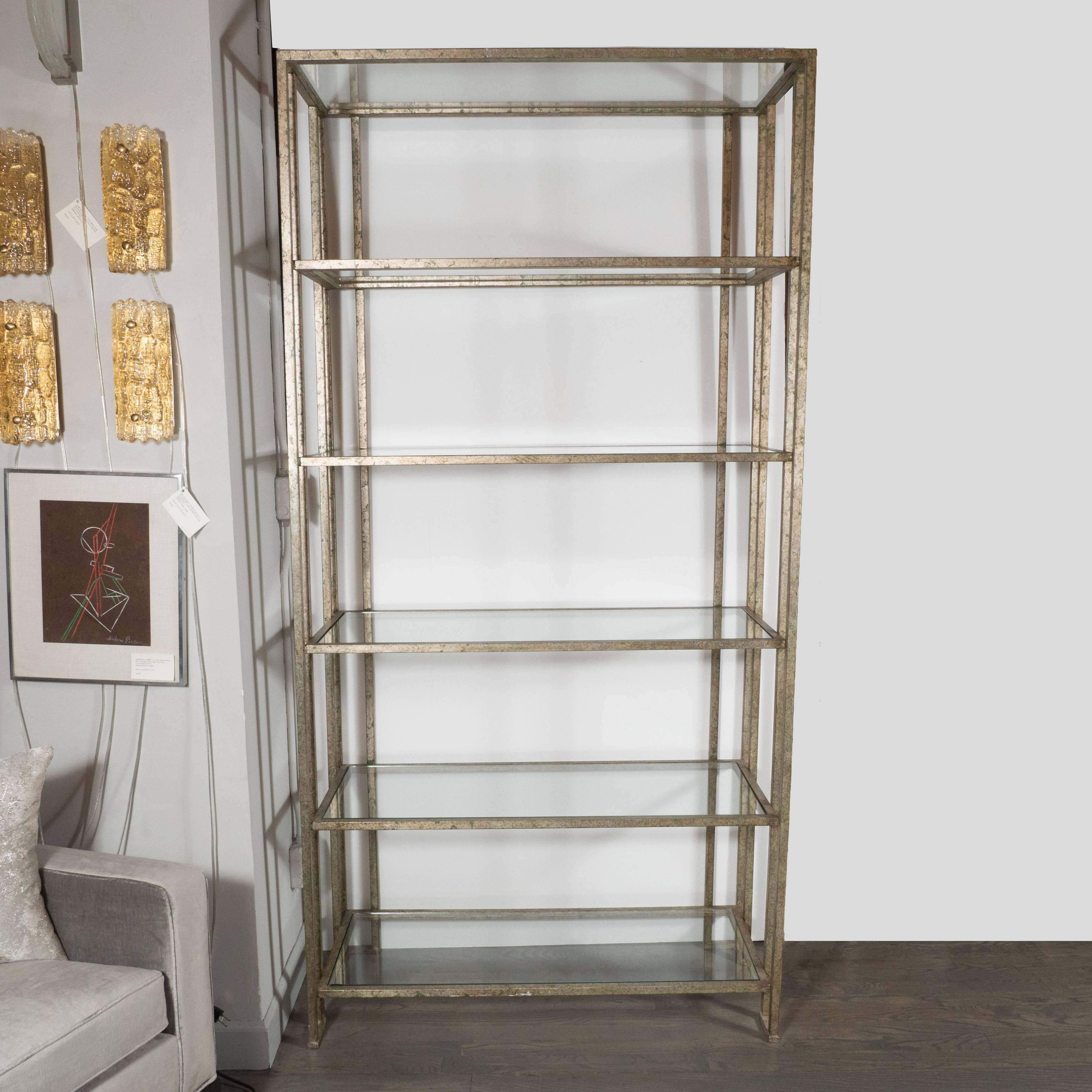 Impressive Industrialist Patinated Brass and Glass Etagere, American, circa 1970 2