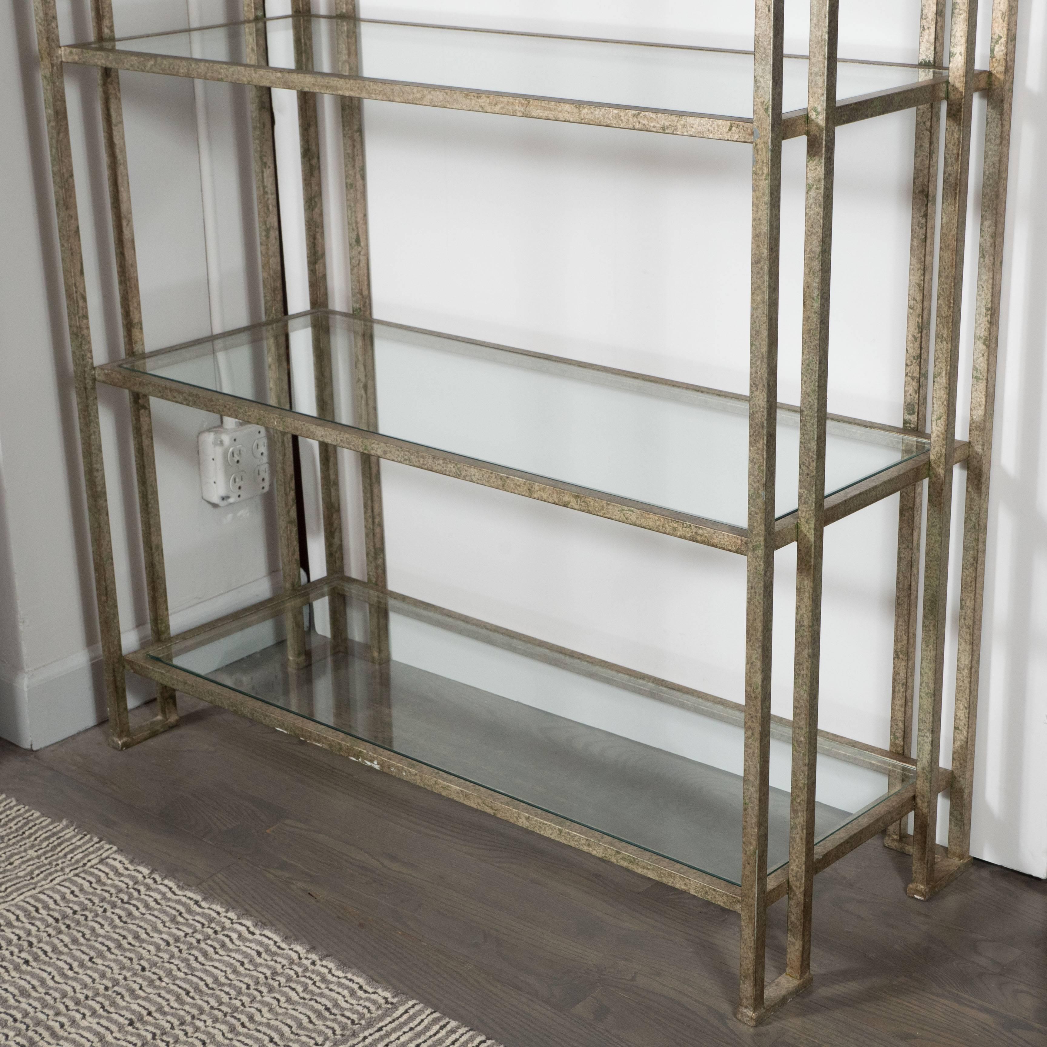 Impressive Industrialist Patinated Brass and Glass Etagere, American, circa 1970 3