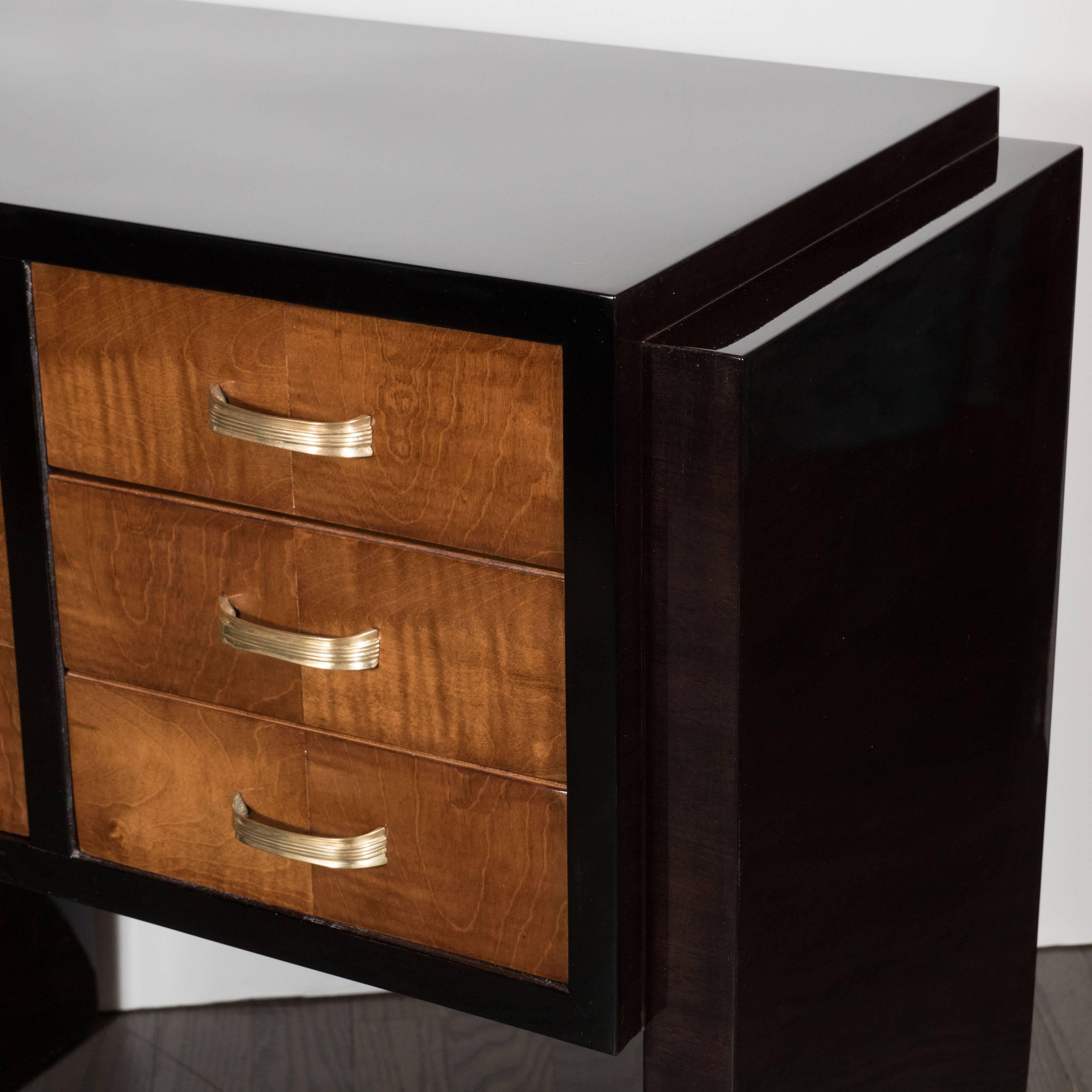 Brass Pair of Art Deco Nightstands or End Tables in Burled Elm and Ebonized Walnut