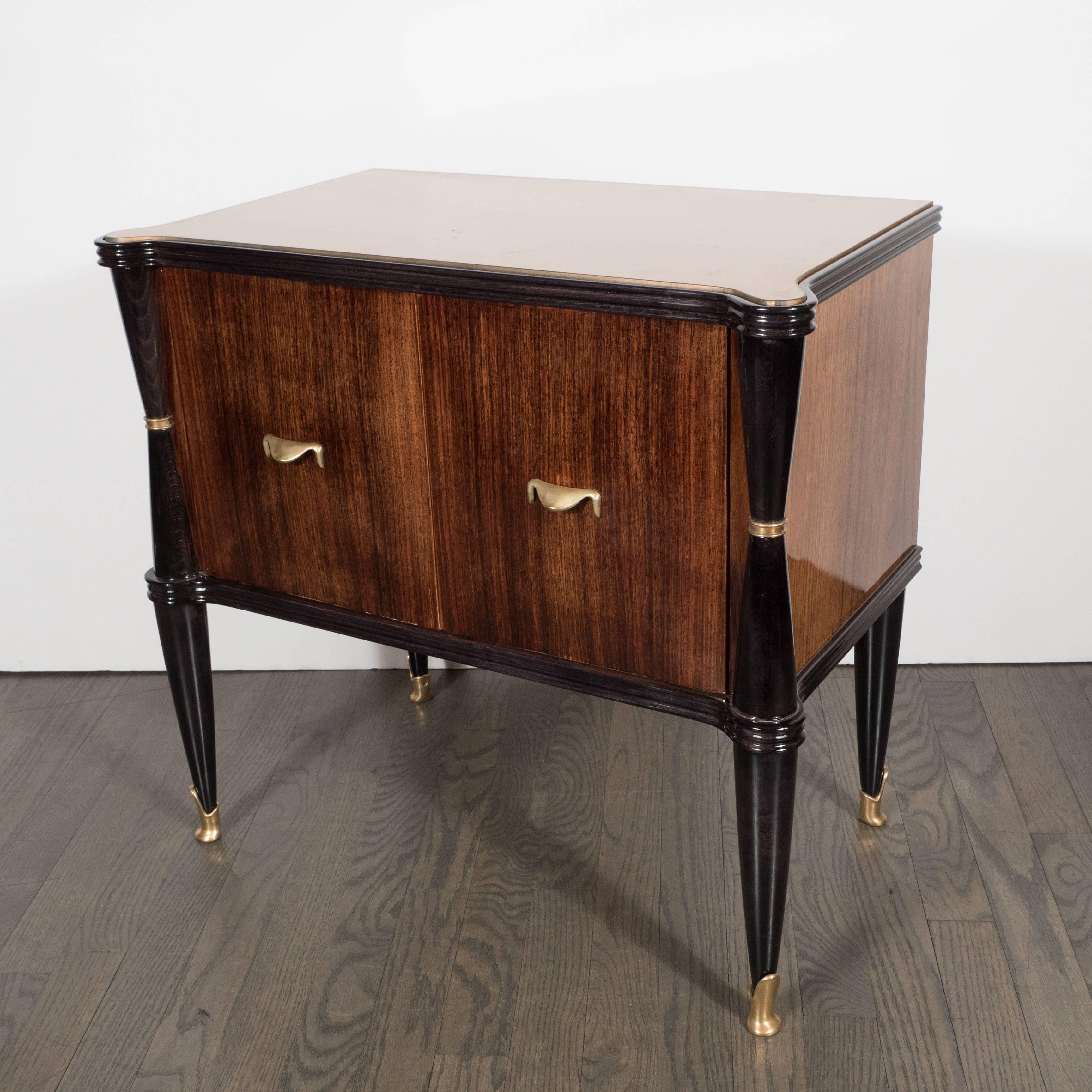Brass Pair of Mid-Century Modernist Nightstands or End Tables in Rosewood and Gilt