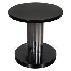 Vintage Art Deco Machine Age Pedestal Occasional Table in Chrome and Black Lacquer
