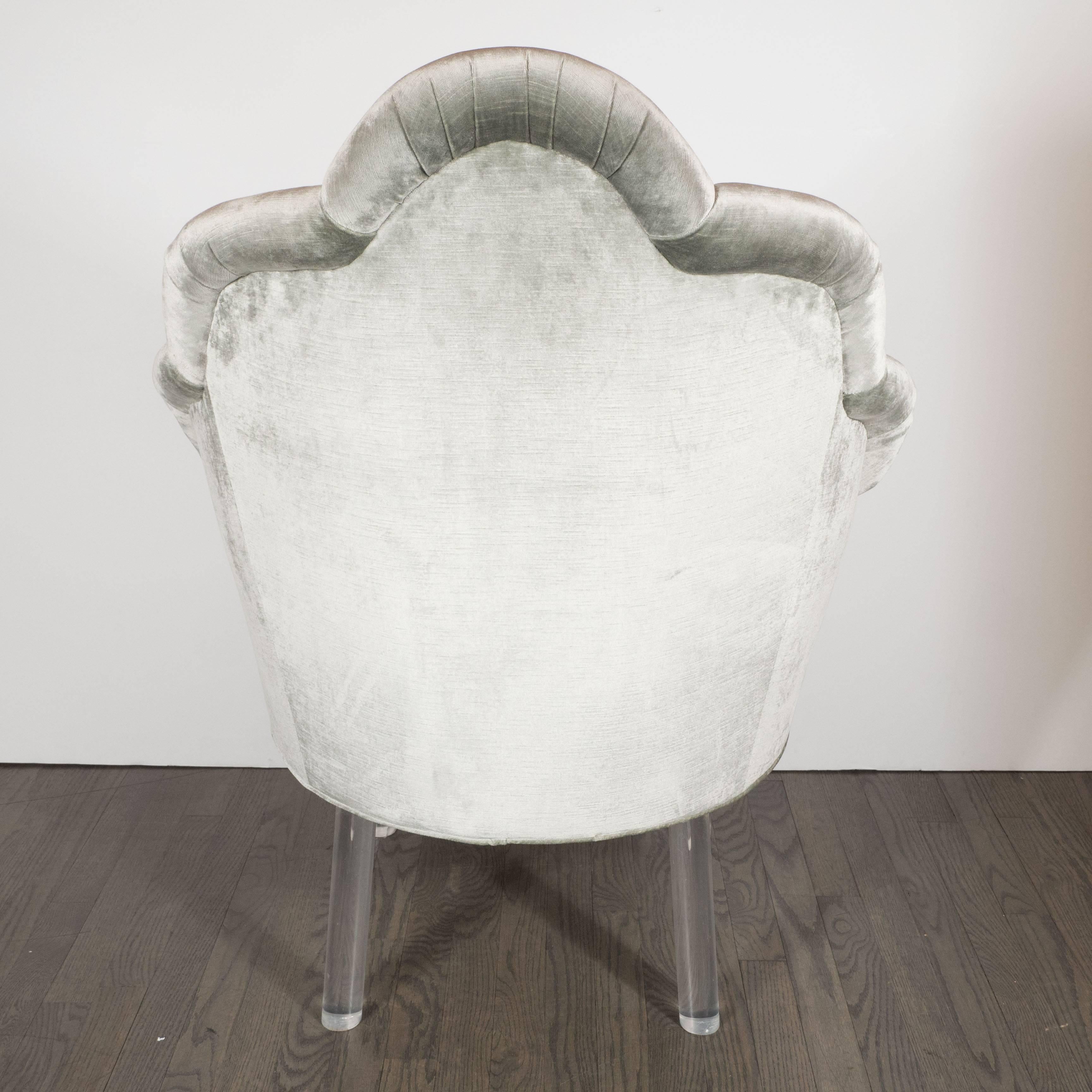 Mid-20th Century 1940s Hollywood Shell Occasional Chairs with Channel Tufting and Lucite Legs