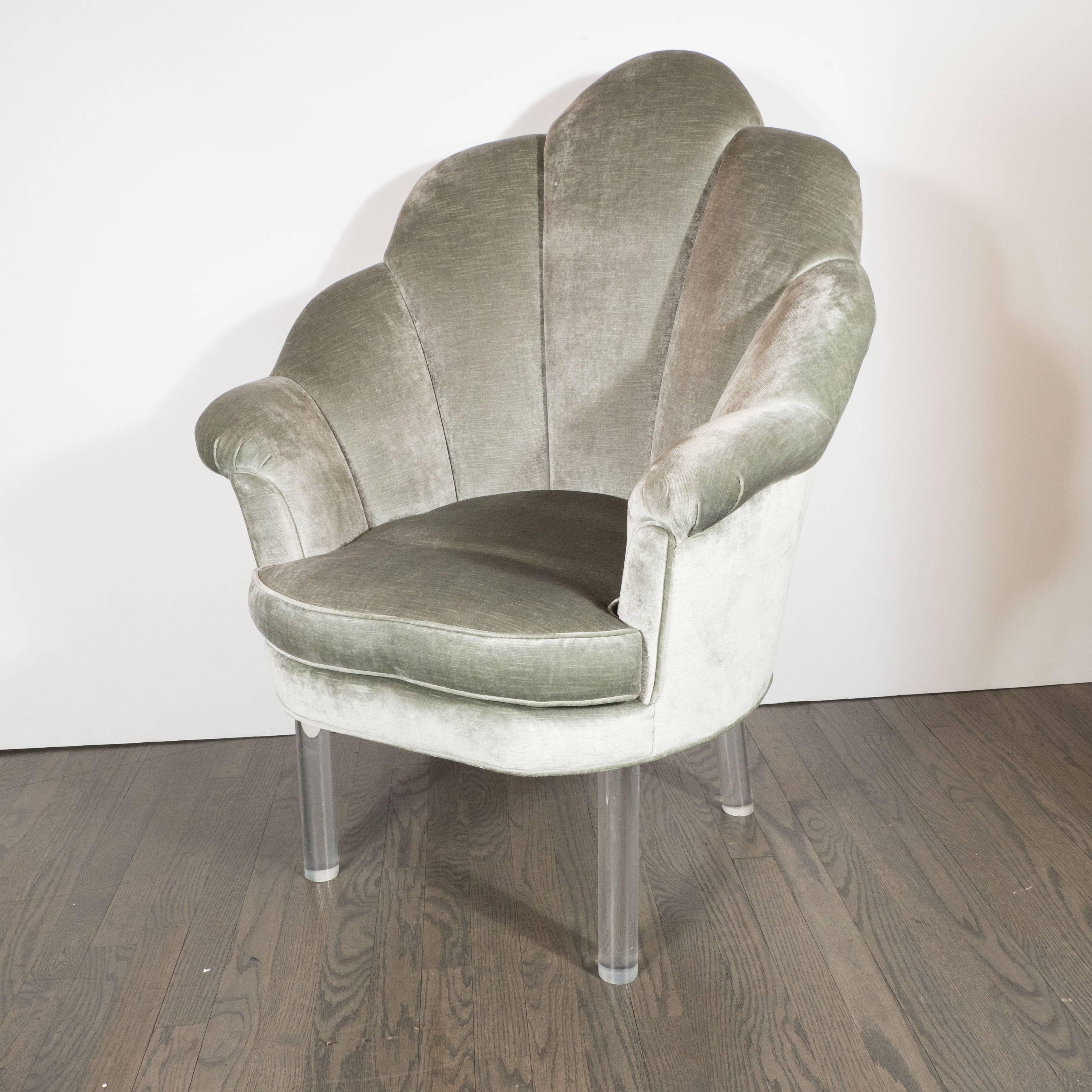 1940s Hollywood Shell Occasional Chairs with Channel Tufting and Lucite Legs In Excellent Condition In New York, NY