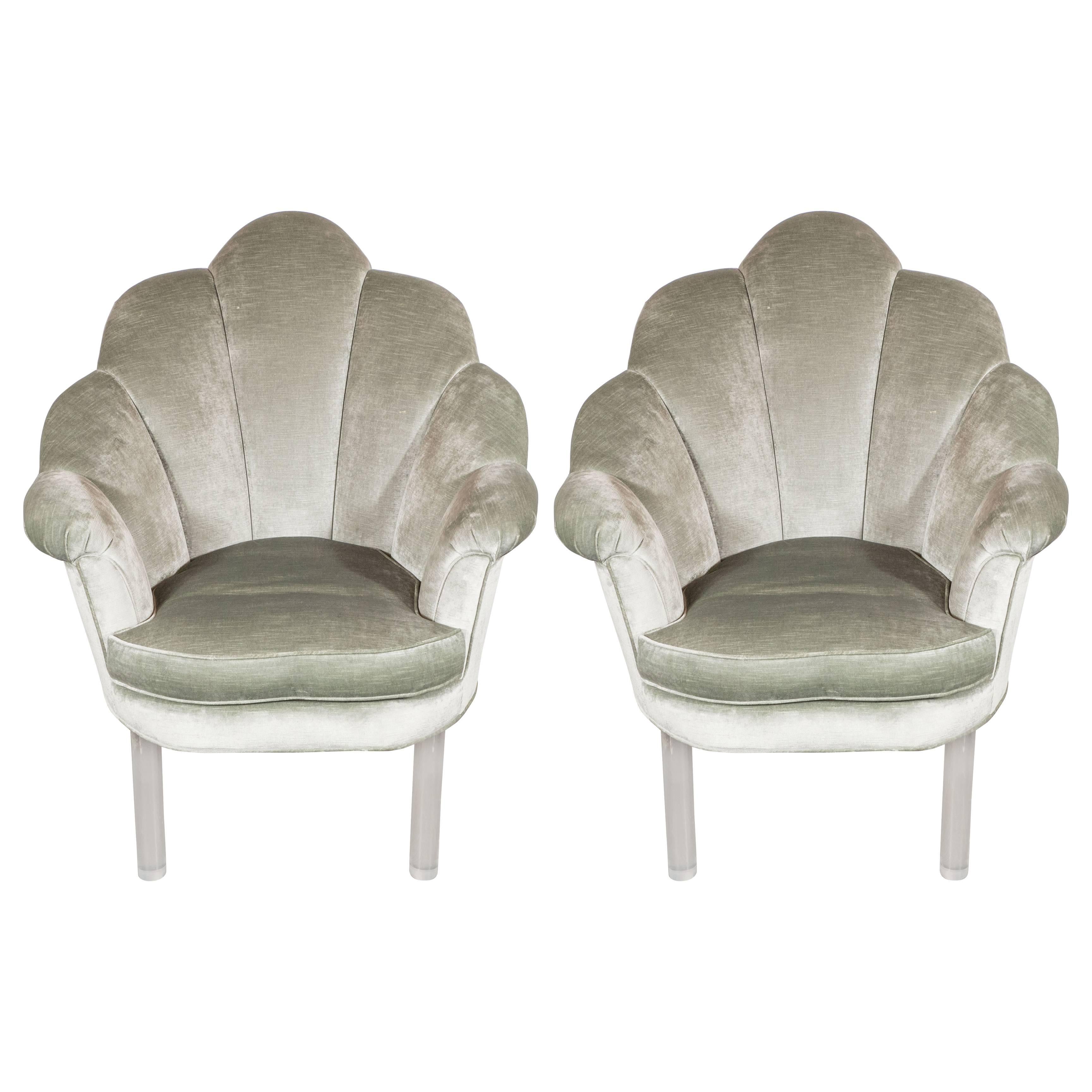 1940s Hollywood Shell Occasional Chairs with Channel Tufting and Lucite Legs