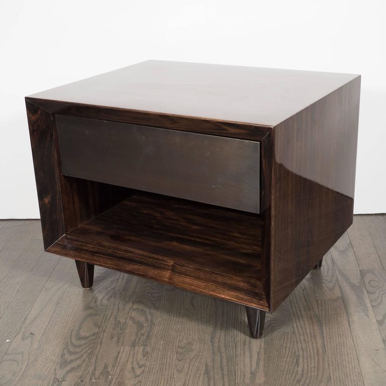 Pair of Modernist Macassar Nightstands / End Tables with Bronze Paneled