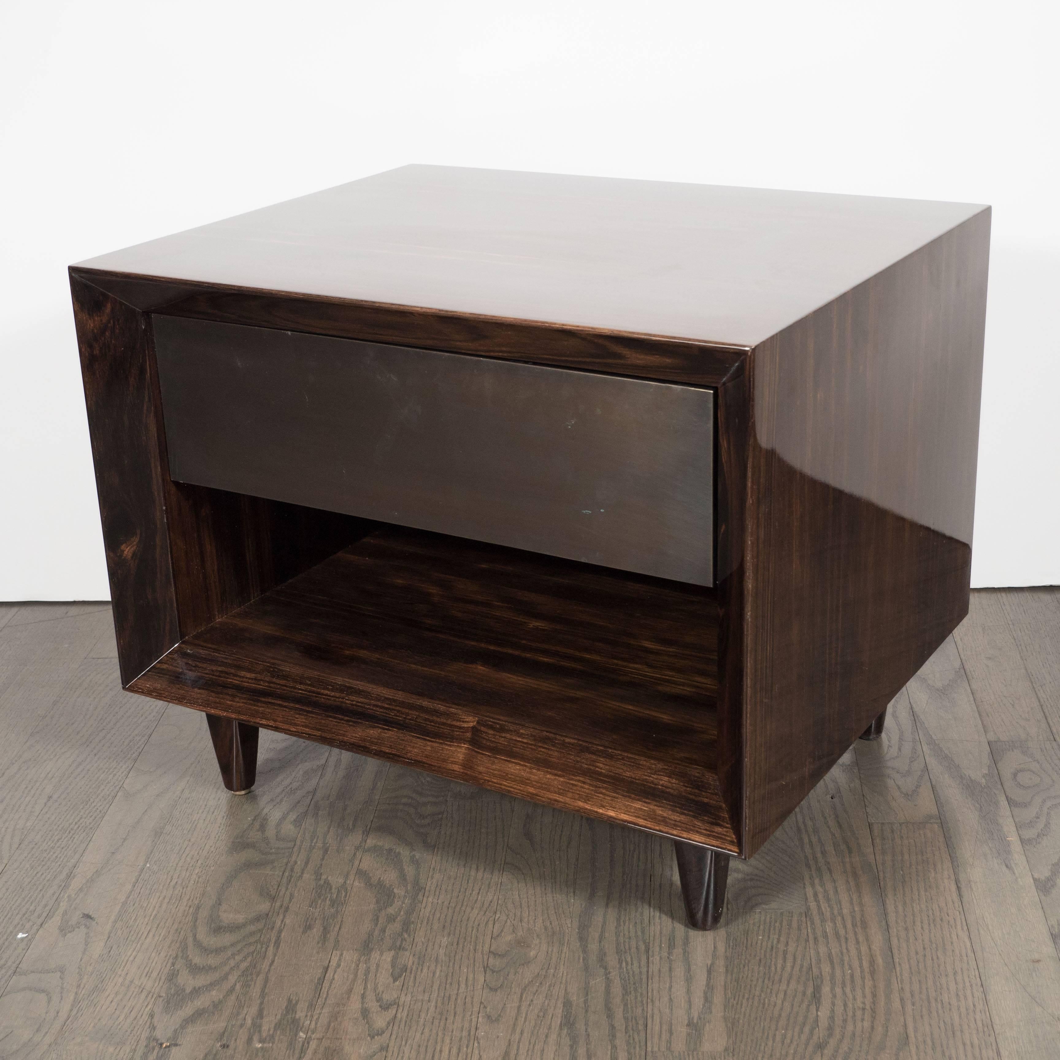 Pair of Modernist Macassar Nightstands / End Tables with Bronze Paneled Drawers In Excellent Condition For Sale In New York, NY