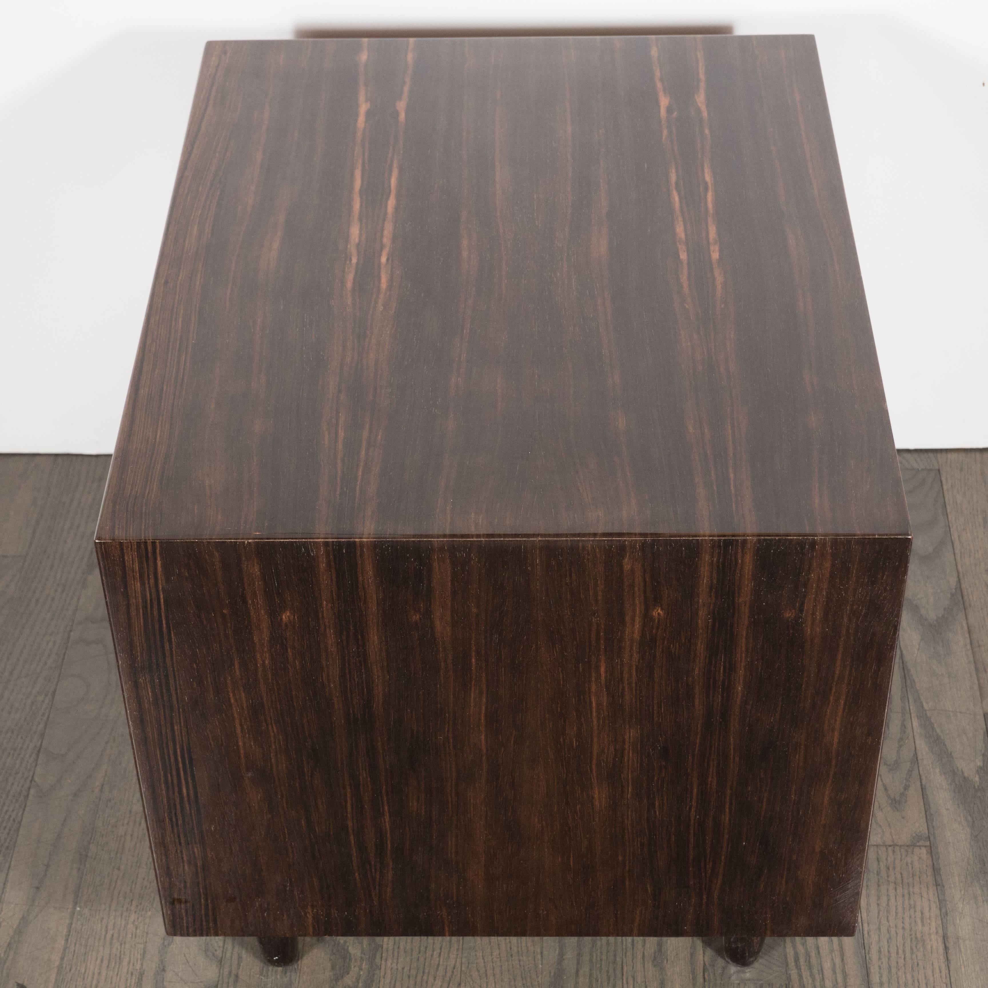 American Pair of Modernist Macassar Nightstands / End Tables with Bronze Paneled Drawers For Sale