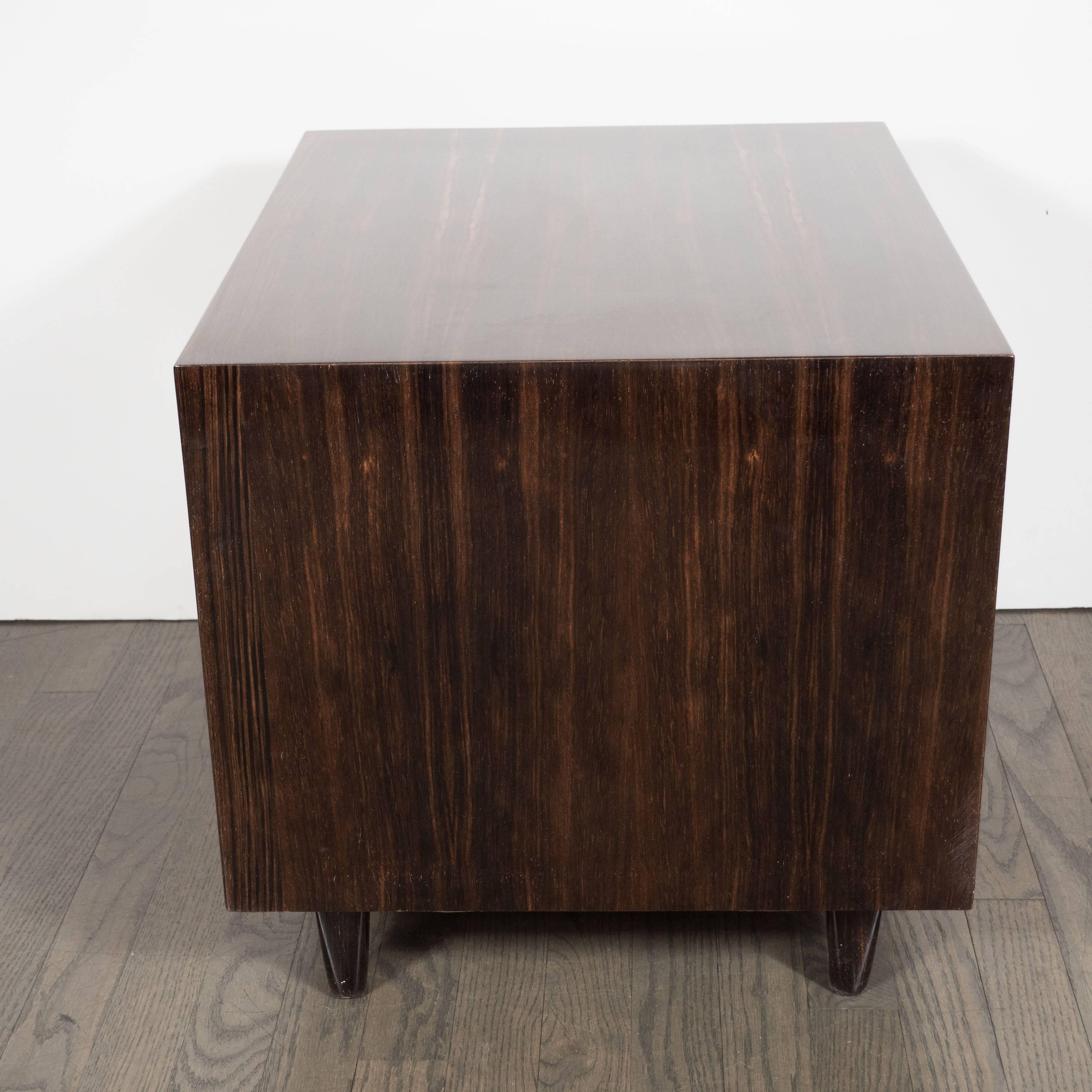 Pair of Modernist Macassar Nightstands / End Tables with Bronze Paneled Drawers For Sale 2