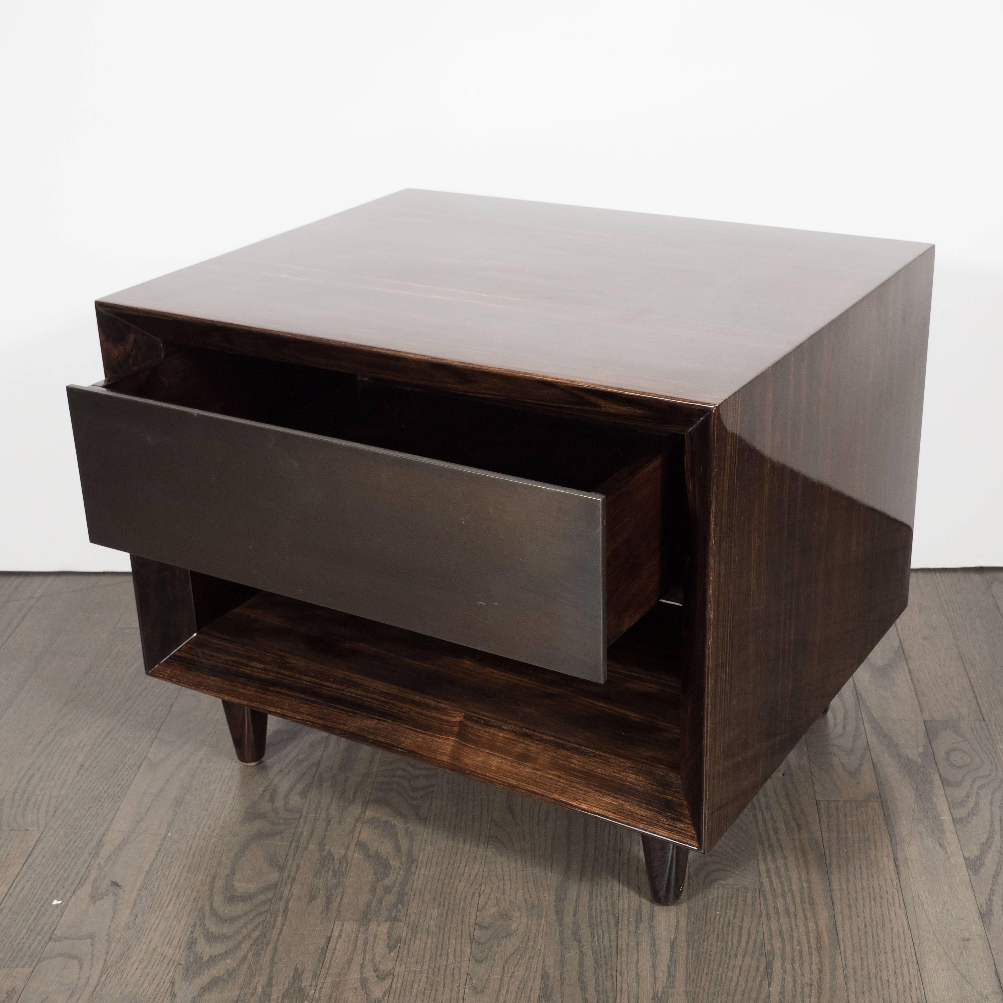 20th Century Pair of Modernist Macassar Nightstands / End Tables with Bronze Paneled Drawers For Sale