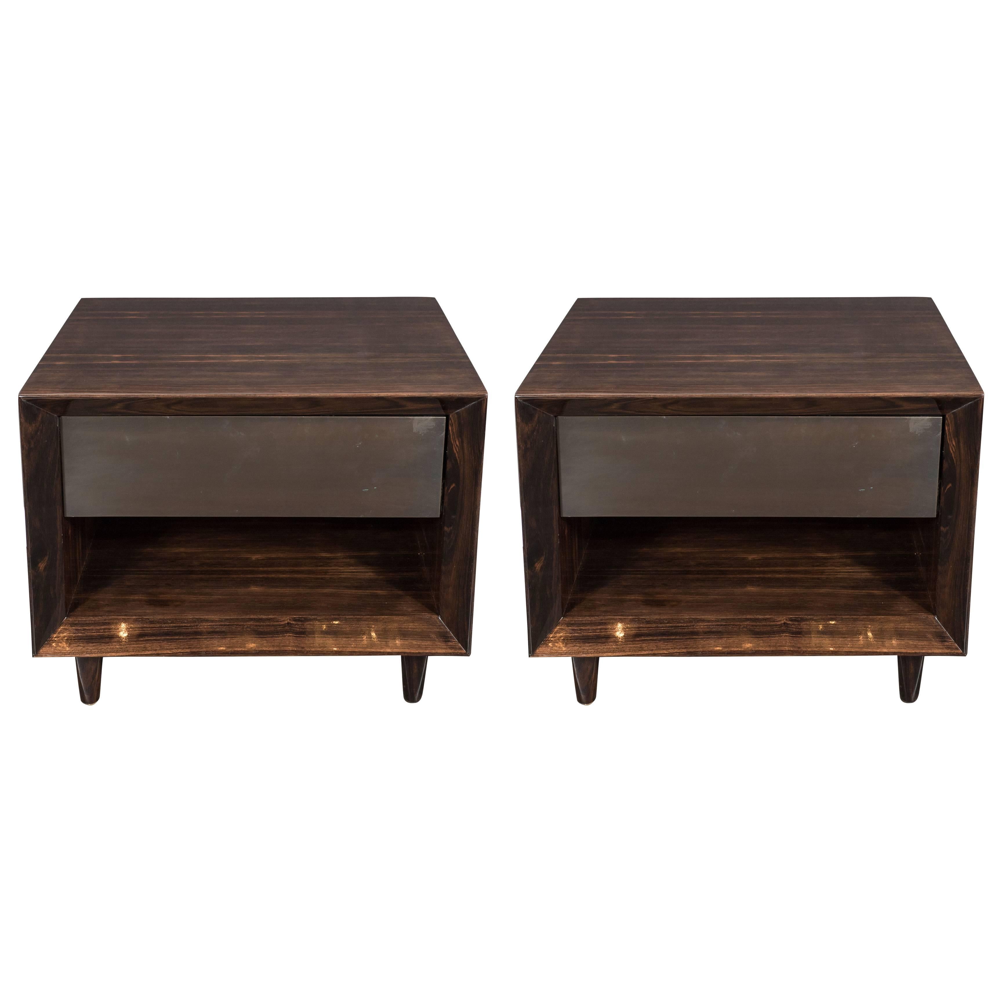 Pair of Modernist Macassar Nightstands / End Tables with Bronze Paneled Drawers