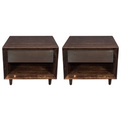 Vintage Pair of Modernist Macassar Nightstands / End Tables with Bronze Paneled Drawers