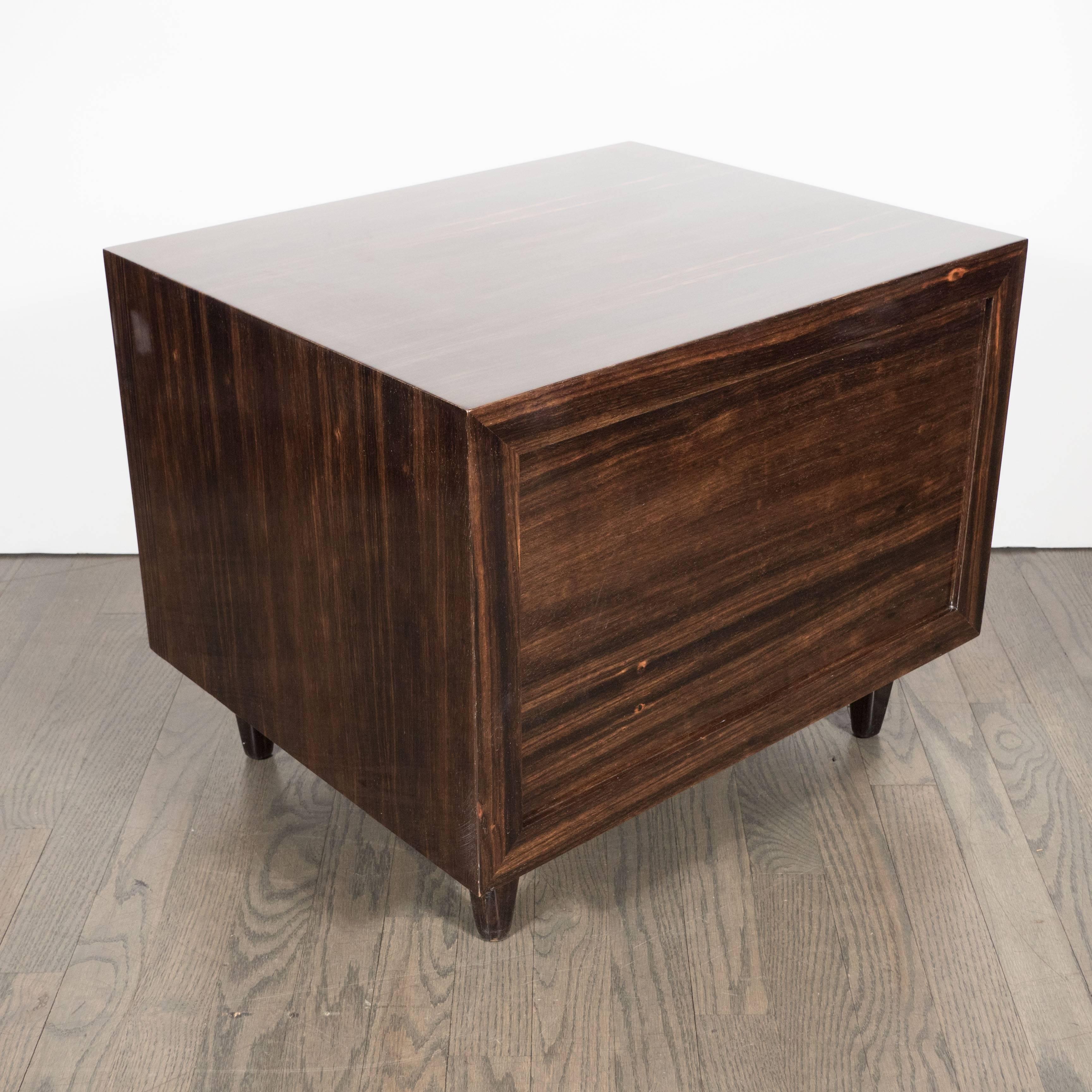 Pair of Modernist Macassar Nightstands / End Tables with Bronze Paneled Drawers For Sale 3