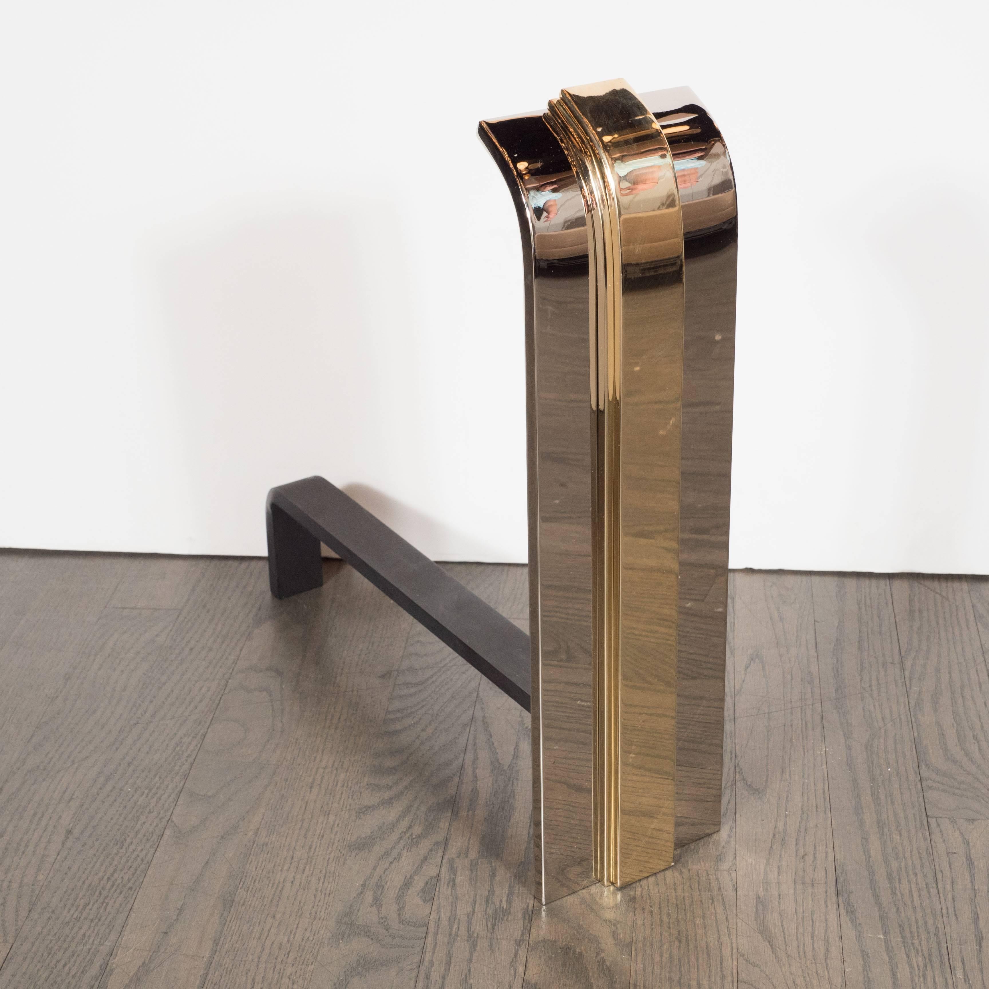 American Custom Art Deco Style Skyscraper Andirons Displayed in Polished Brass and Nickel For Sale