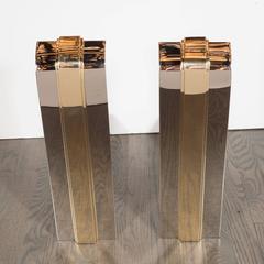 Custom Art Deco Style Skyscraper Andirons Displayed in Polished Brass and Nickel