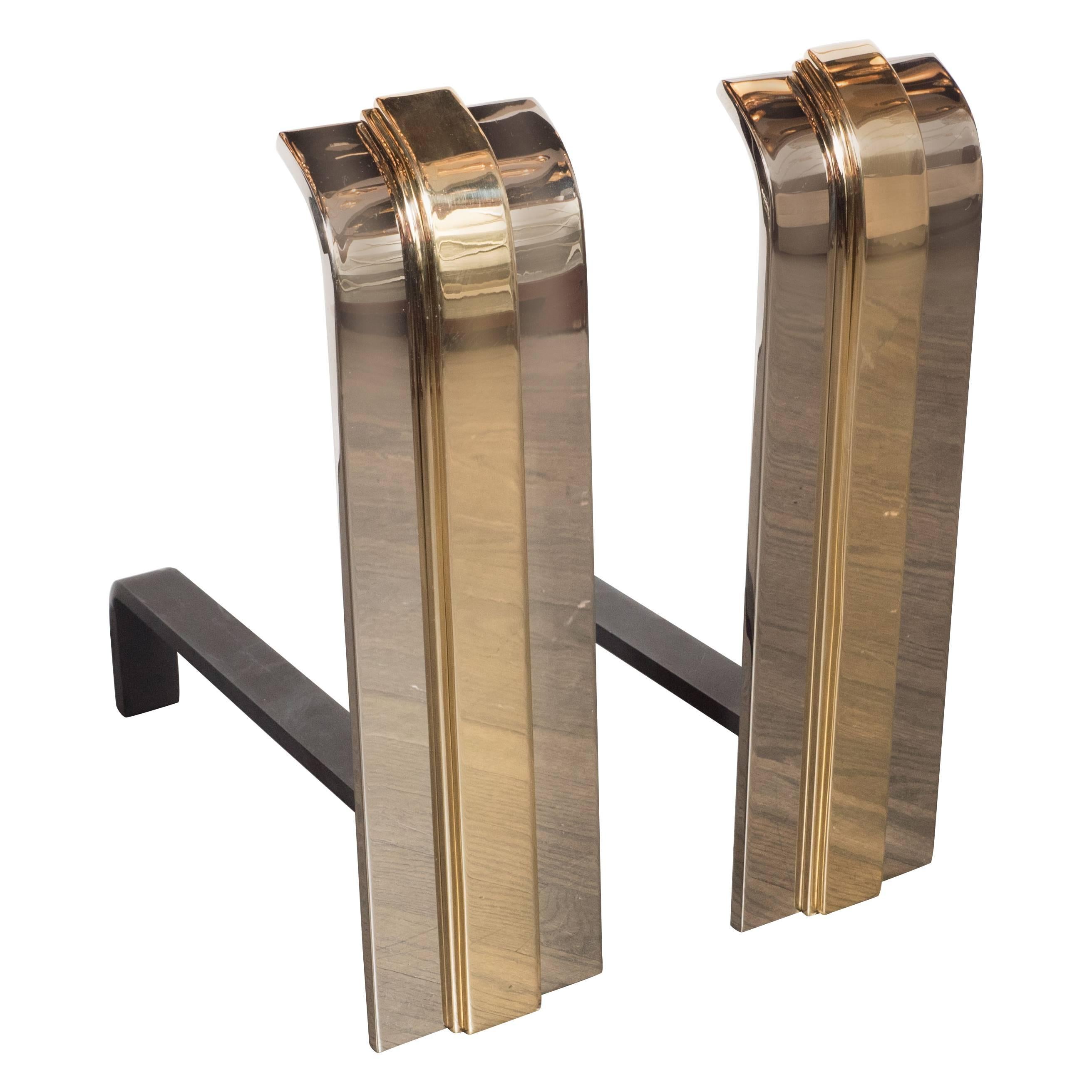 Custom Art Deco Style Skyscraper Andirons Displayed in Polished Brass and Nickel For Sale