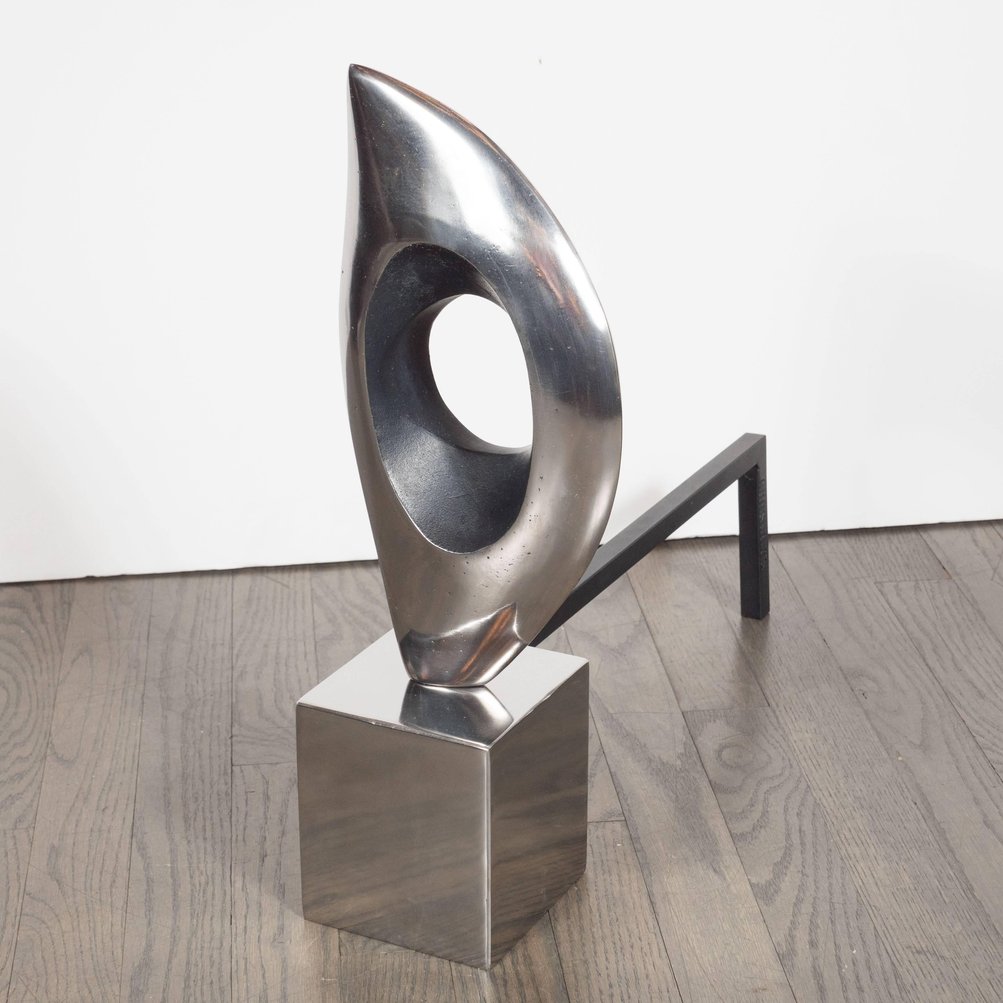 American Pair of Organic Modernist Sculptural Andirons in Nickel & Black Enamel