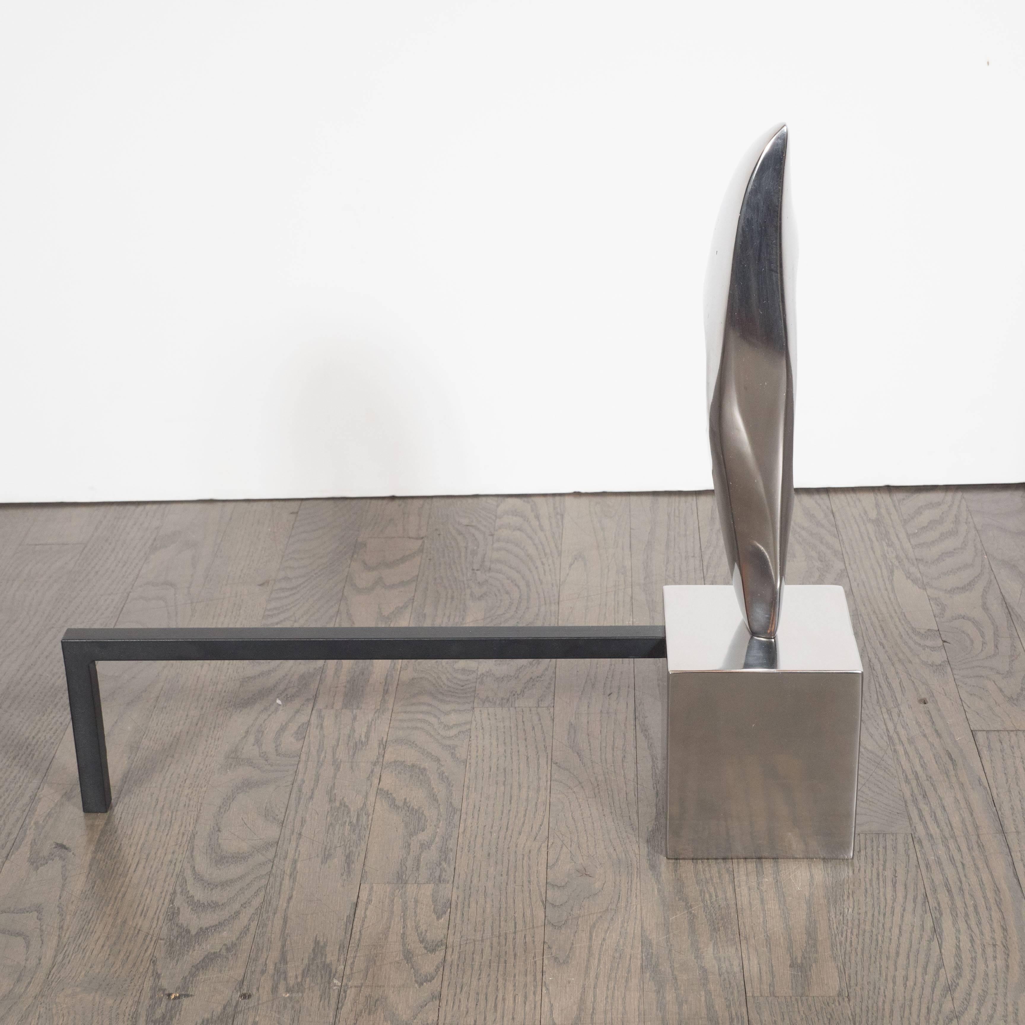 Contemporary Pair of Organic Modernist Sculptural Andirons in Nickel & Black Enamel