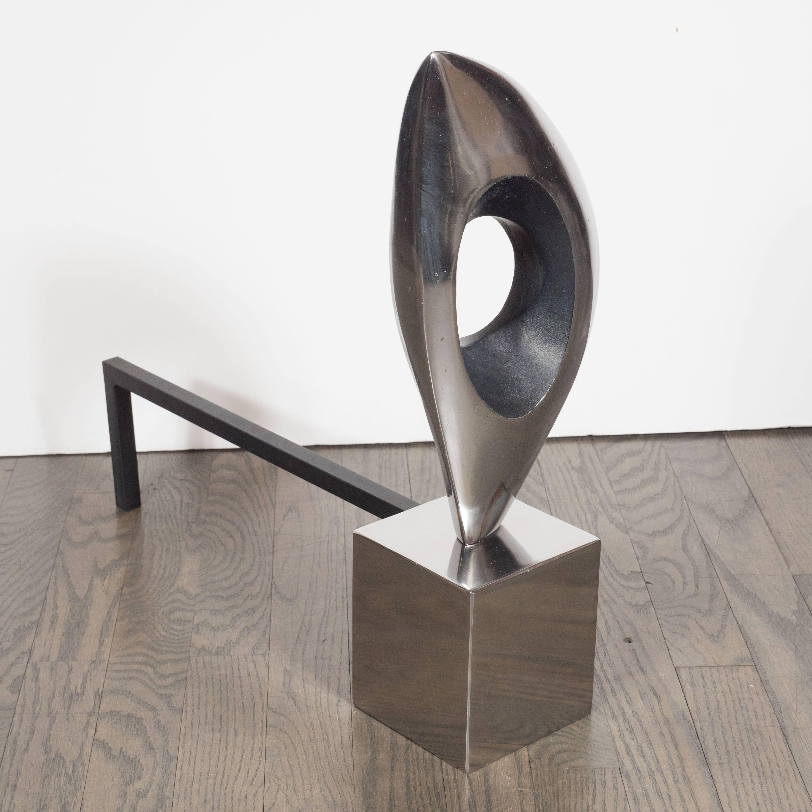 Pair of Organic Modernist Sculptural Andirons in Nickel & Black Enamel 1