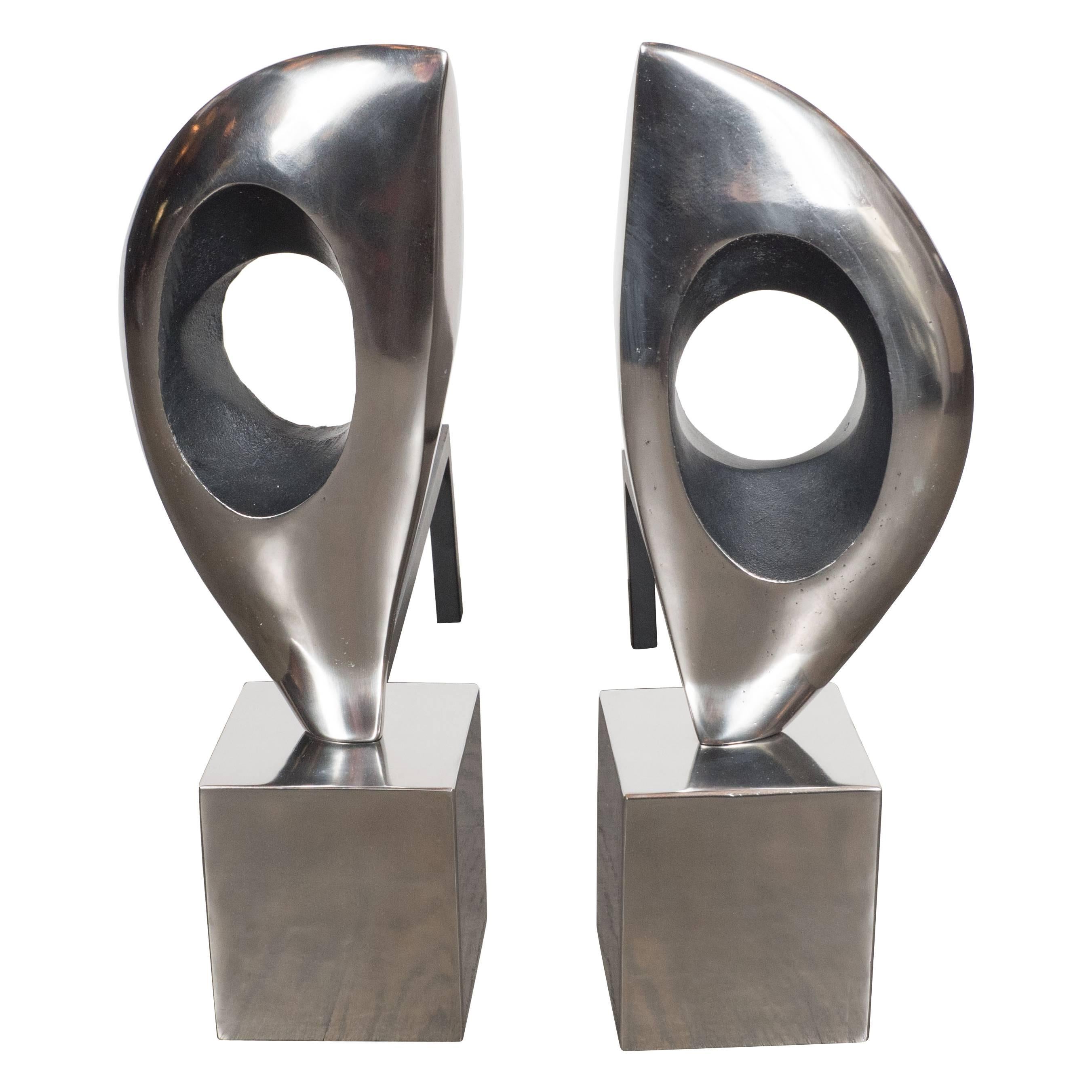 Pair of Organic Modernist Sculptural Andirons in Nickel & Black Enamel