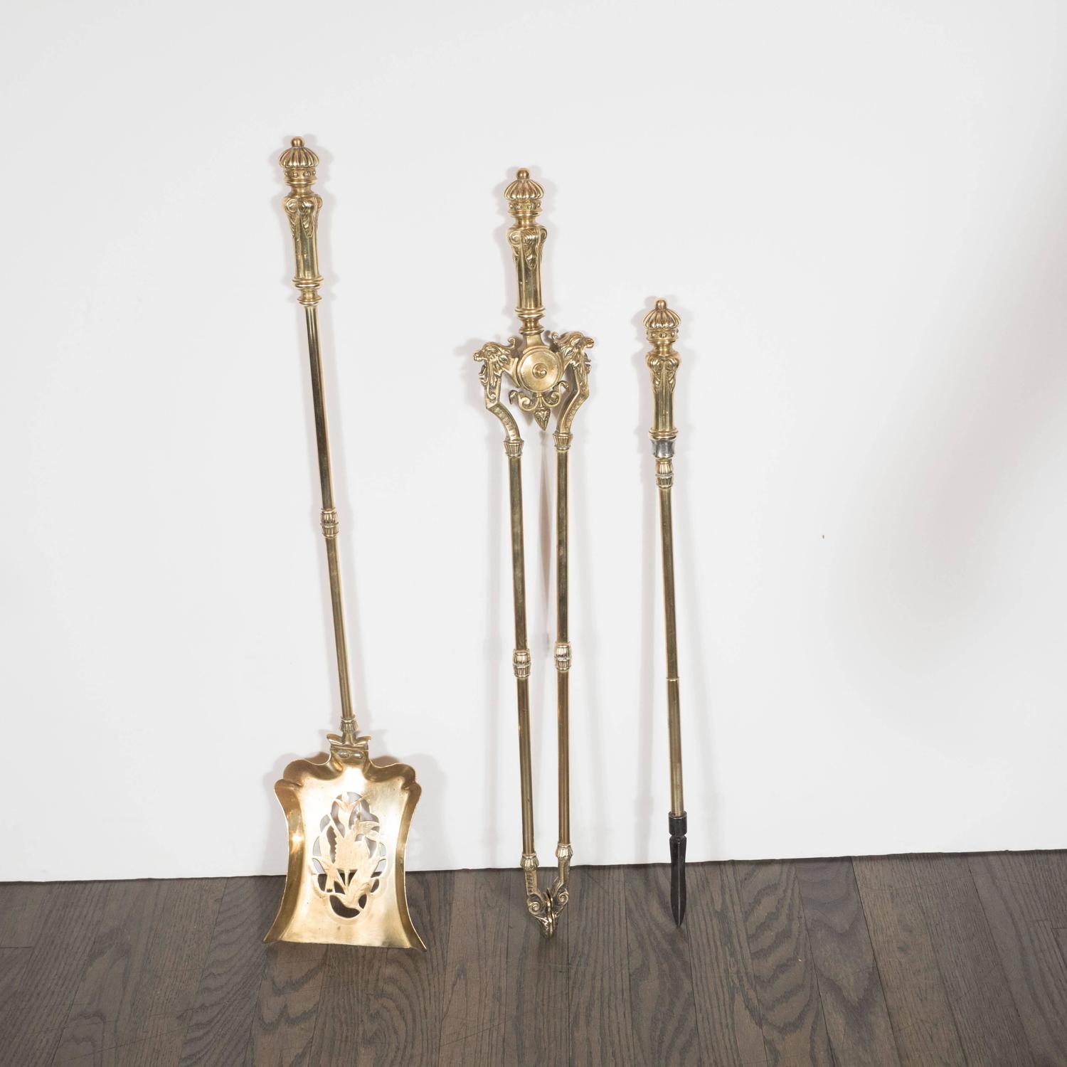 Antique Brass Fire Tool Set France circa 1900 For Sale