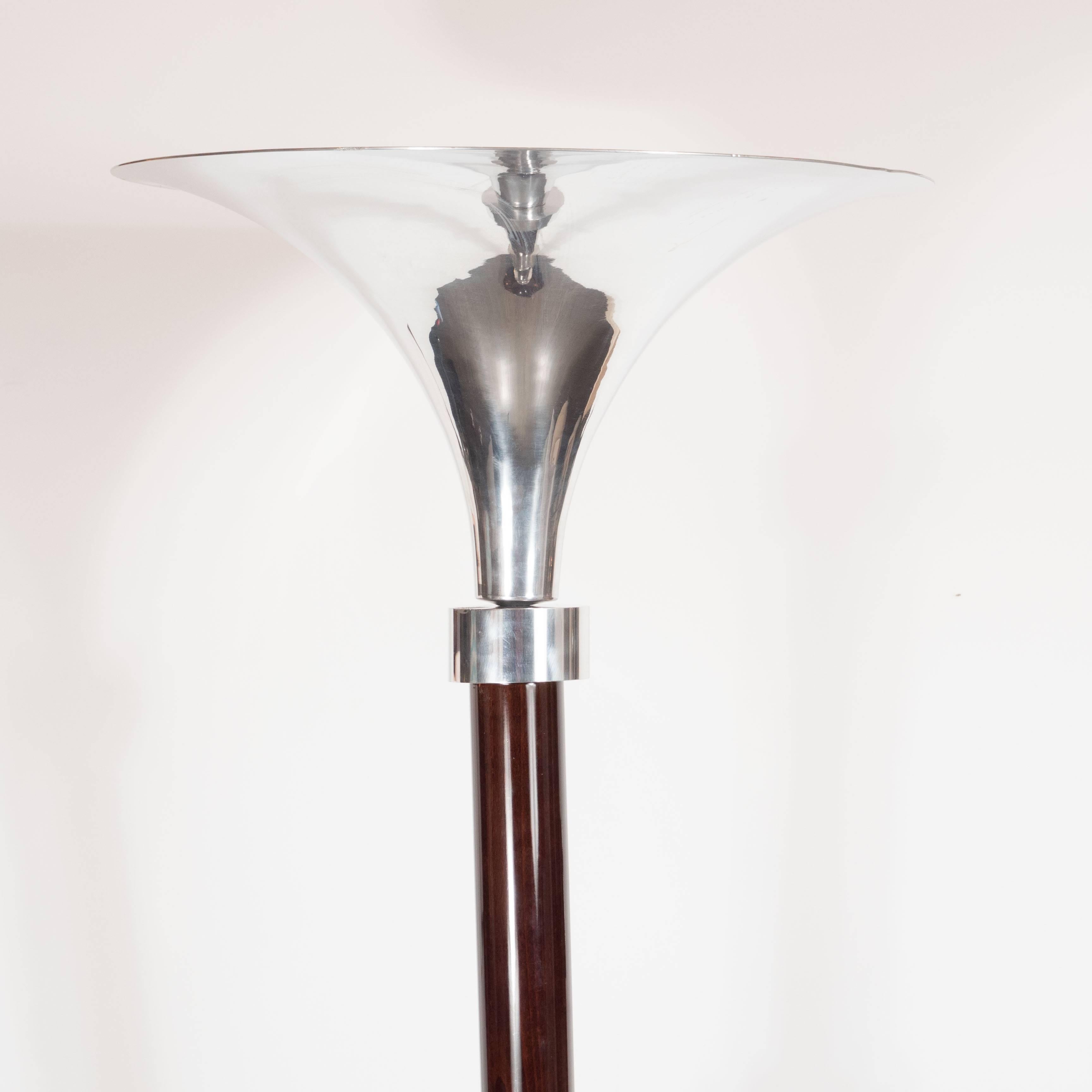 French Art Deco Mahogany and Chrome Skyscraper Style Torchiere Lamp 1