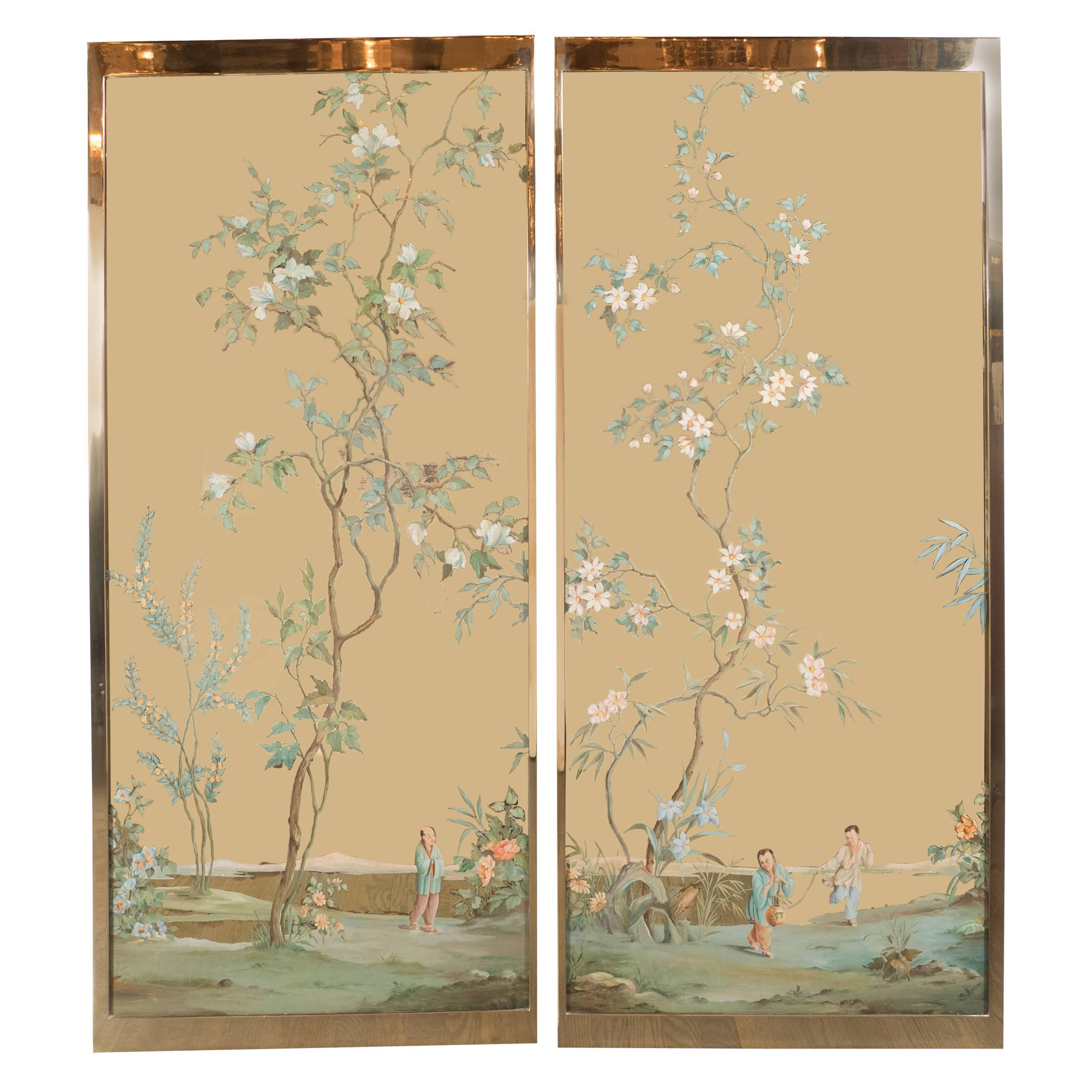 Gorgeous Pair of Mid-Century Chinoiserie Mirrors with Polished Brass Frame