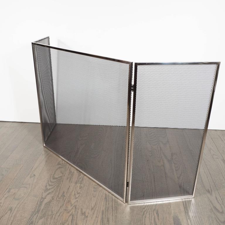 Custom Polished Nickel and Mesh Adjustable ThreePanel Fire Screen at