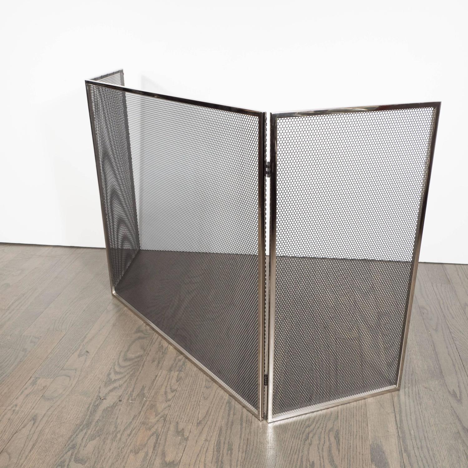 Custom Polished Nickel and Mesh Adjustable ThreePanel Fire Screen For