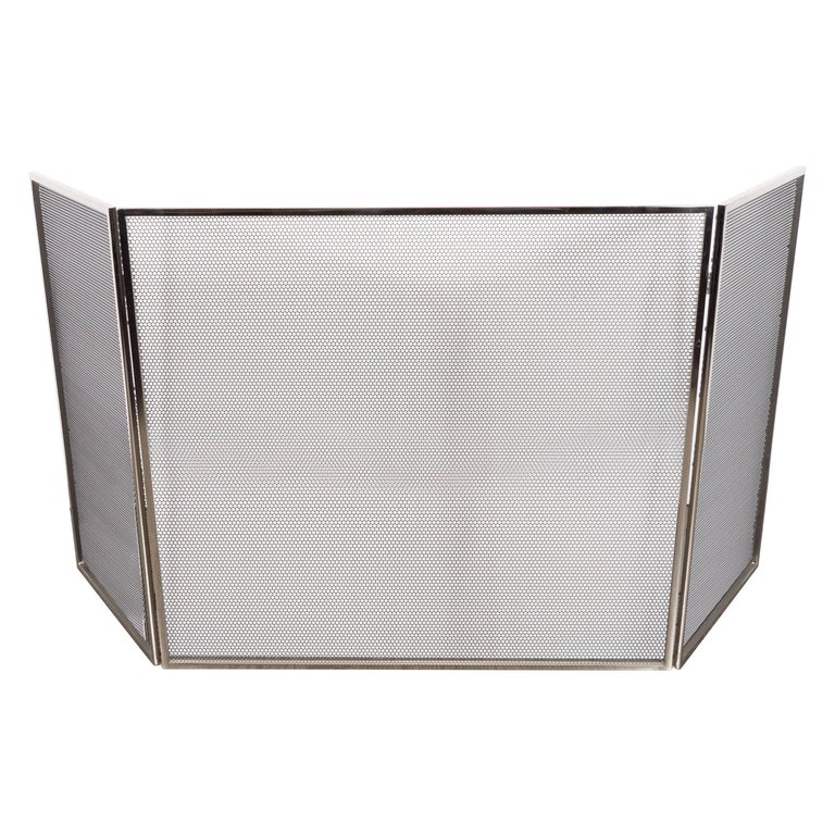 Custom Polished Nickel and Mesh Adjustable ThreePanel Fire Screen at