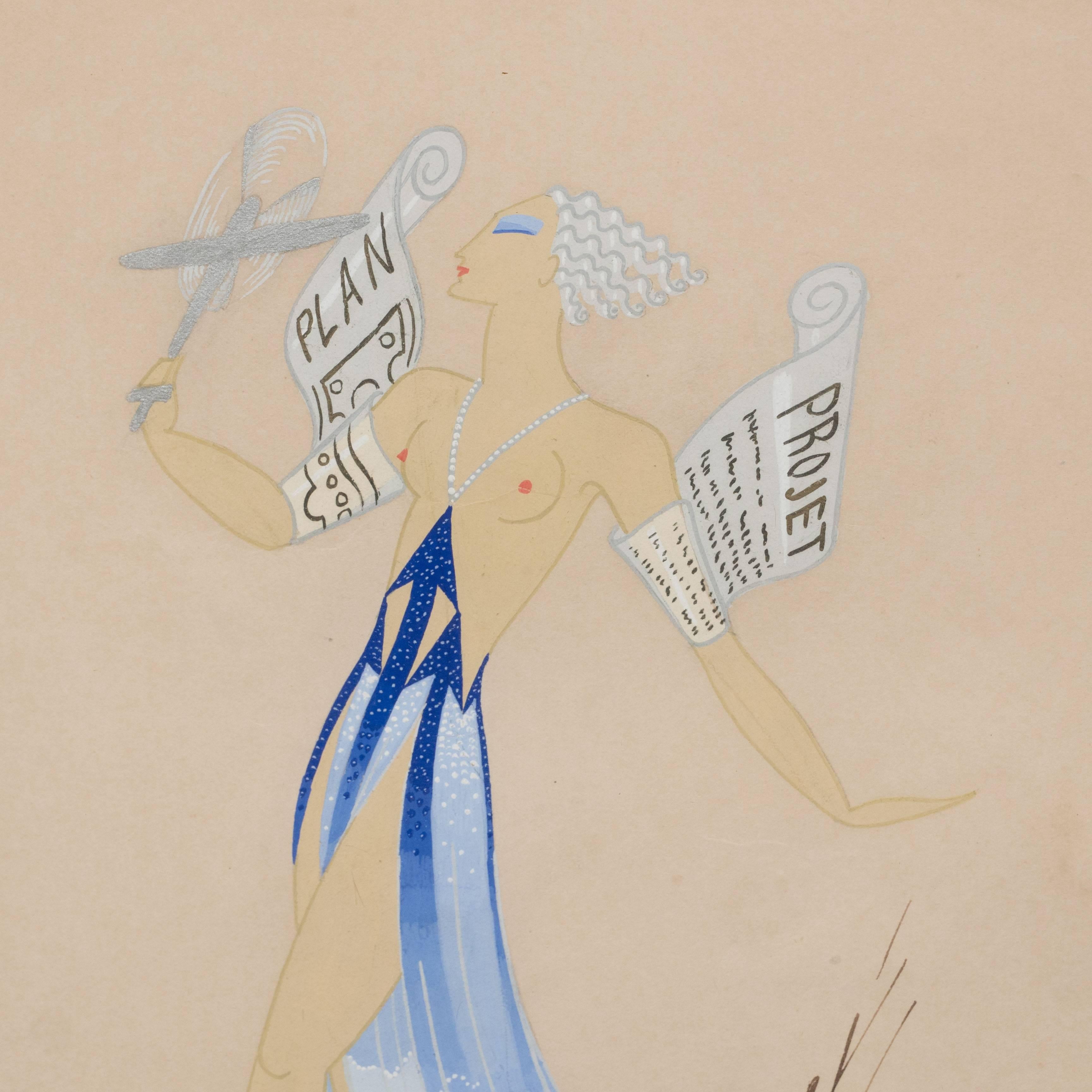 Vibrant original Art Deco gouache on paper of a theatrical costume design signed Erte at the lower right. An exquisite stylized depiction of a female figure posed in a revealing evening dress holding a propeller plane by the tail in her right hand.