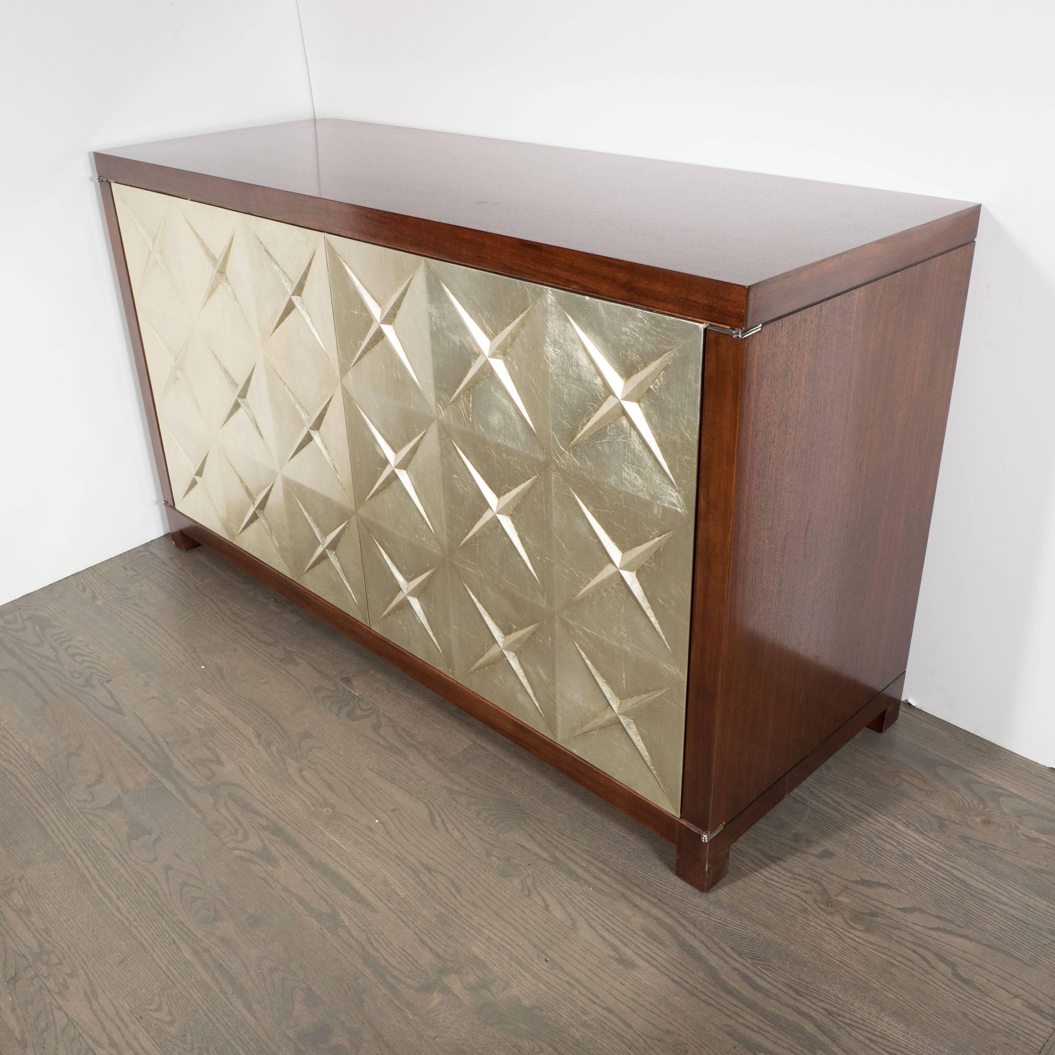 Custom Modernist Silver Leaf and Mahogany Cabinet, American, 20th Century In Excellent Condition In New York, NY