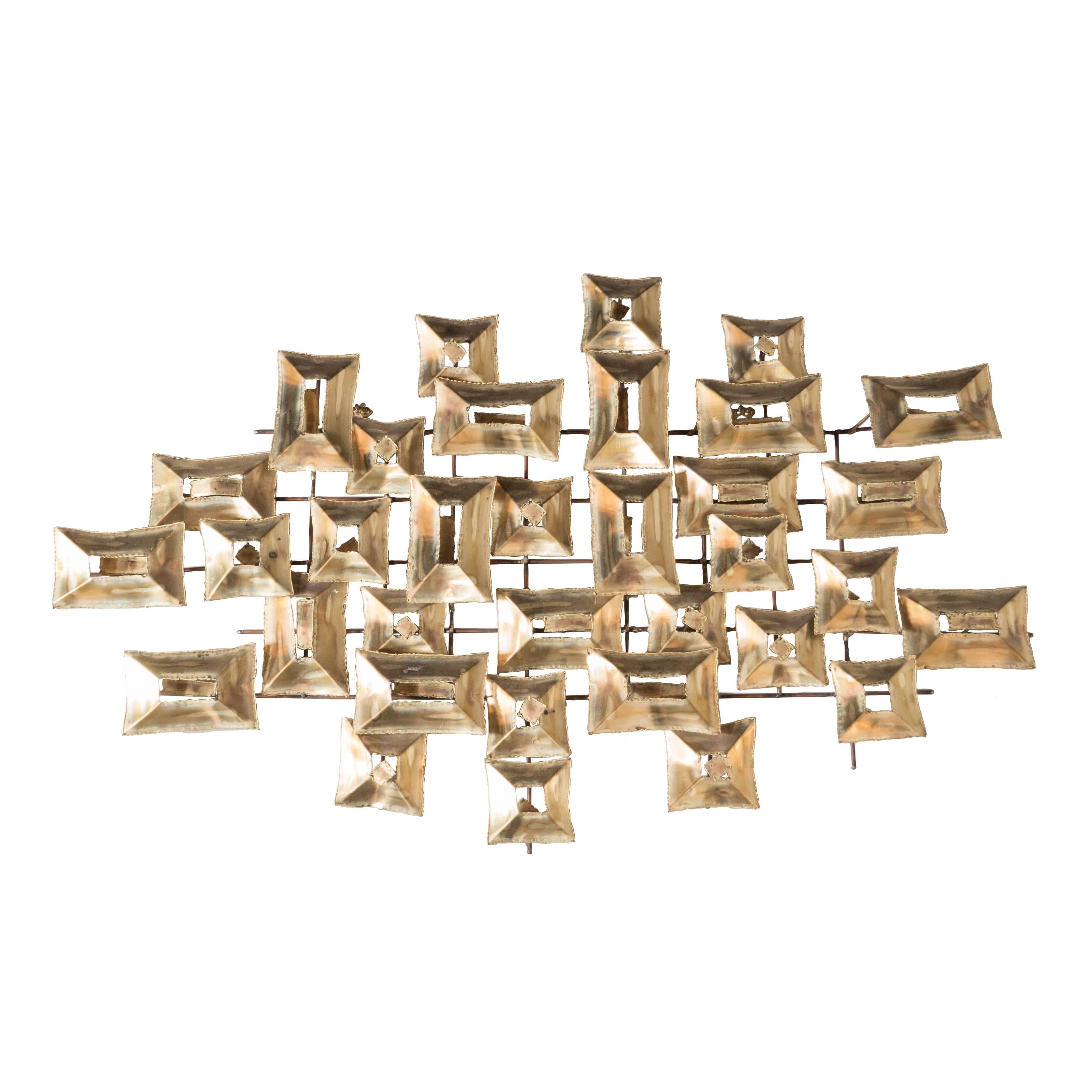 Brutalist Wall Sculpture by Curtis Jere with Torch Cut Patined Brass, American