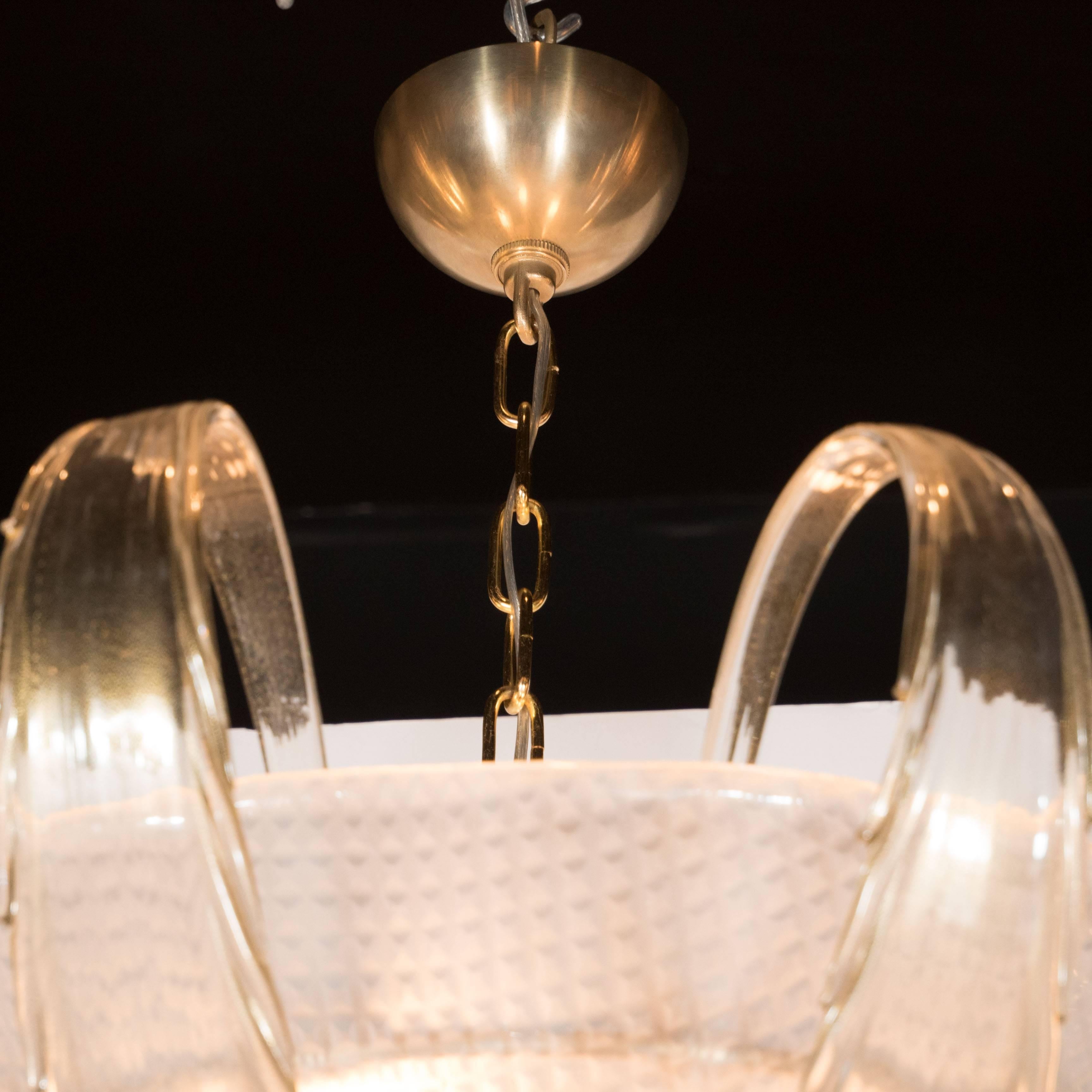 Mid-20th Century Art Deco Textured Murano Glass Chandelier with Scrolled Feather Detail