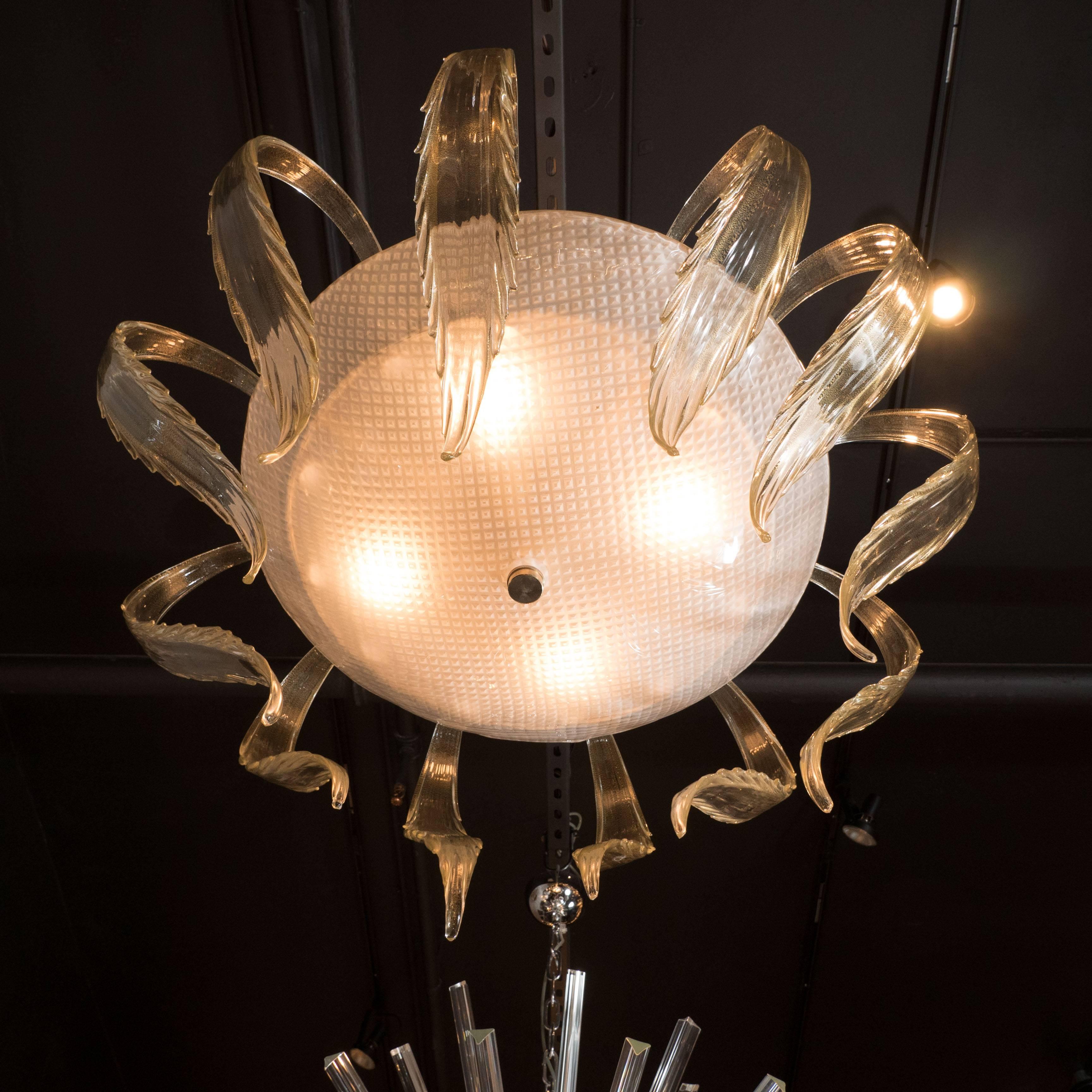 Art Deco Textured Murano Glass Chandelier with Scrolled Feather Detail 1