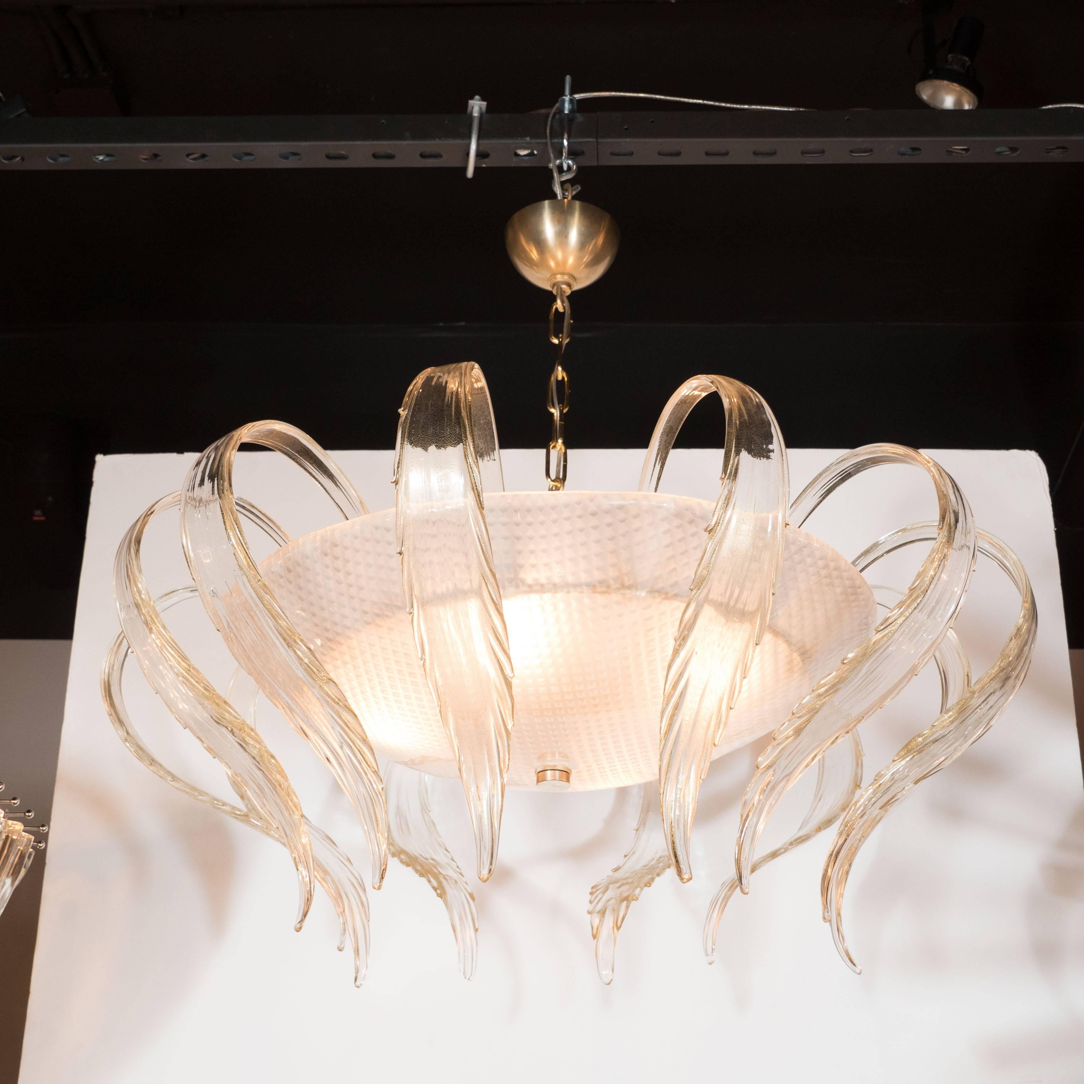 Brass Art Deco Textured Murano Glass Chandelier with Scrolled Feather Detail