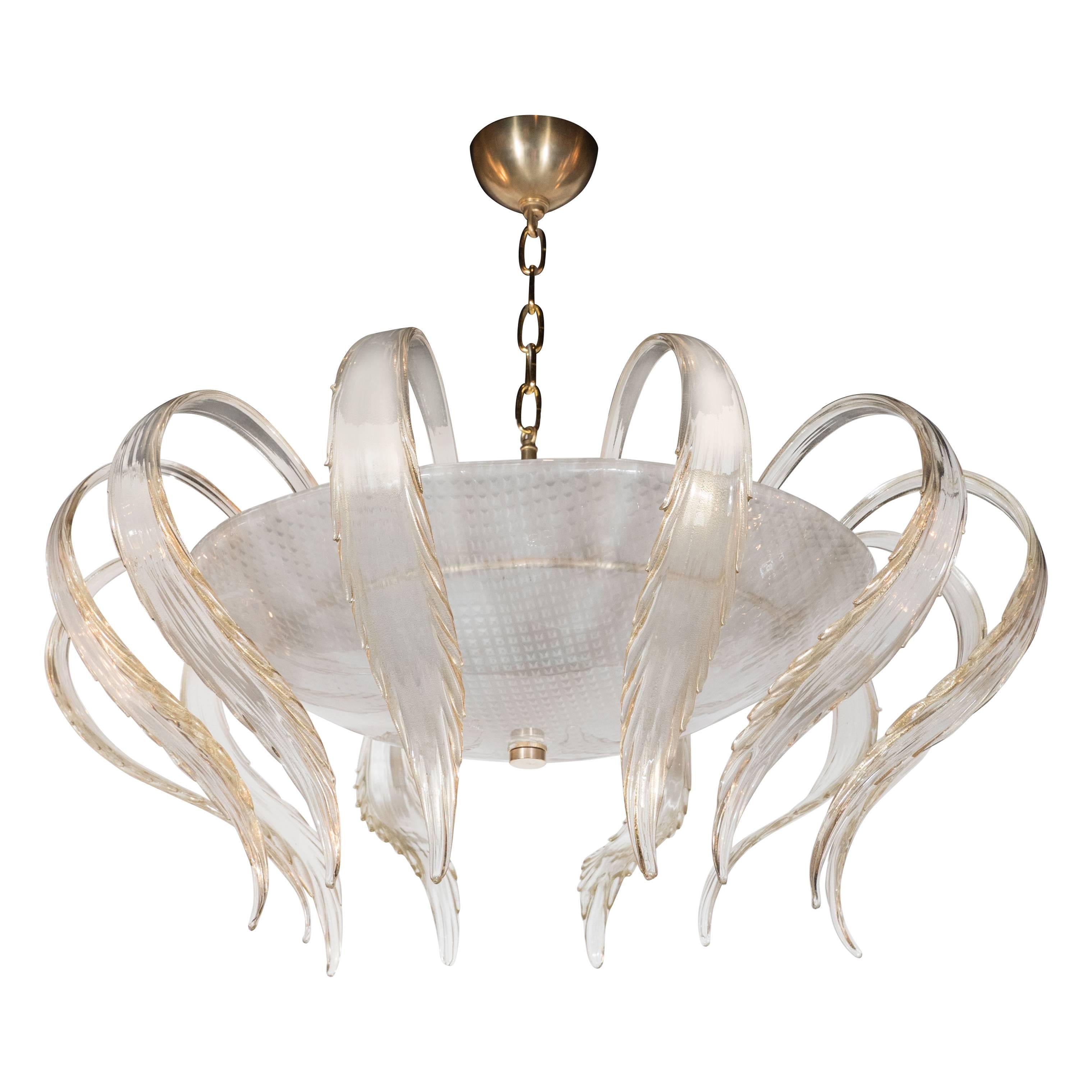 Art Deco Textured Murano Glass Chandelier with Scrolled Feather Detail