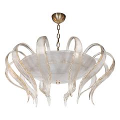 Art Deco Textured Murano Glass Chandelier with Scrolled Feather Detail