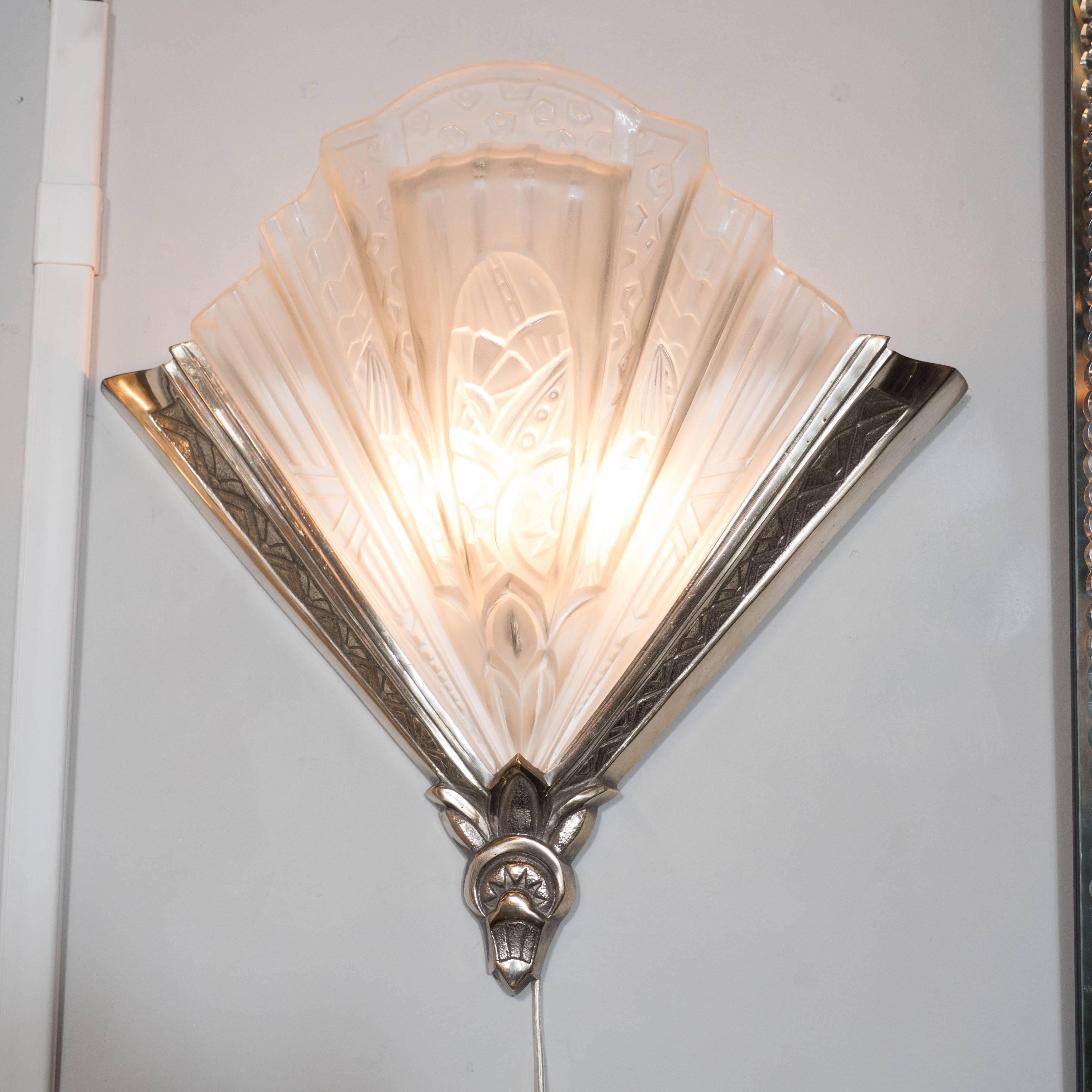 Mid-20th Century Set of Four Art Deco Sconces in Frosted Glass and Nickel, Signed Frontisi