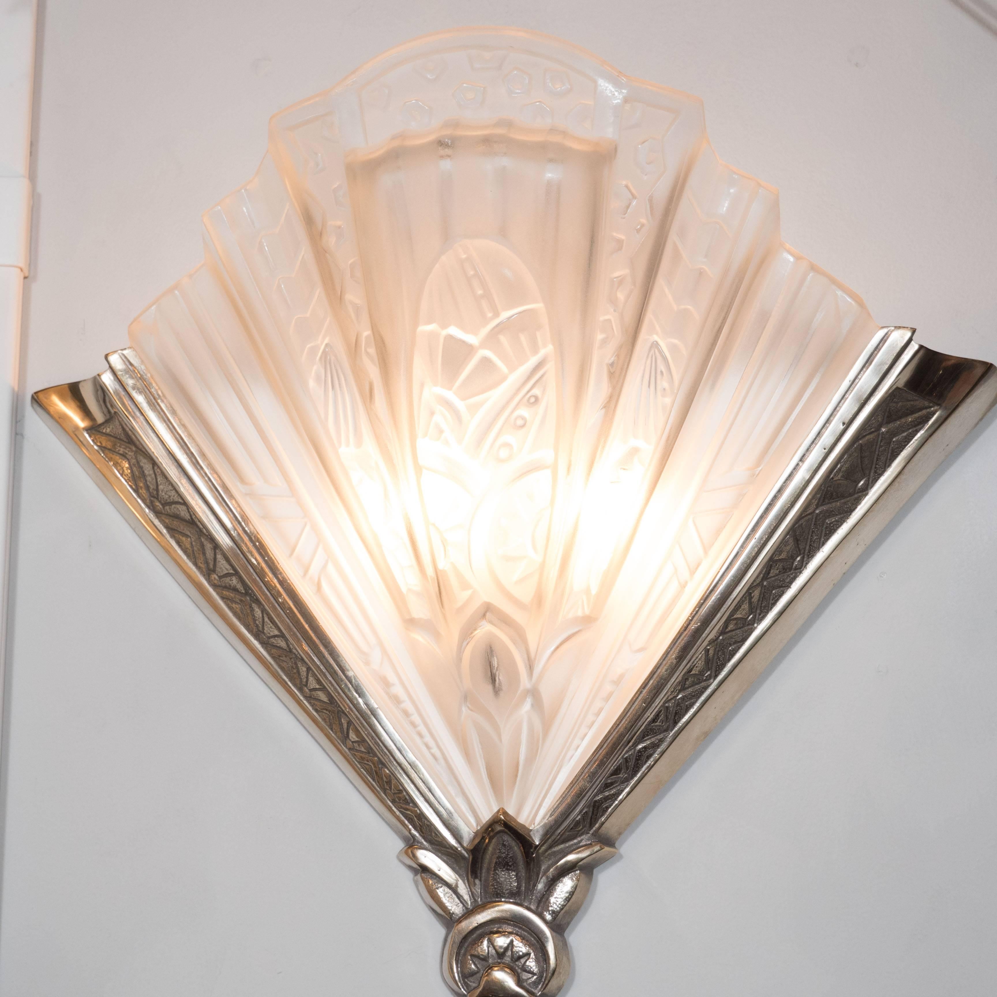 Set of Four Art Deco Sconces in Frosted Glass and Nickel, Signed Frontisi In Excellent Condition In New York, NY