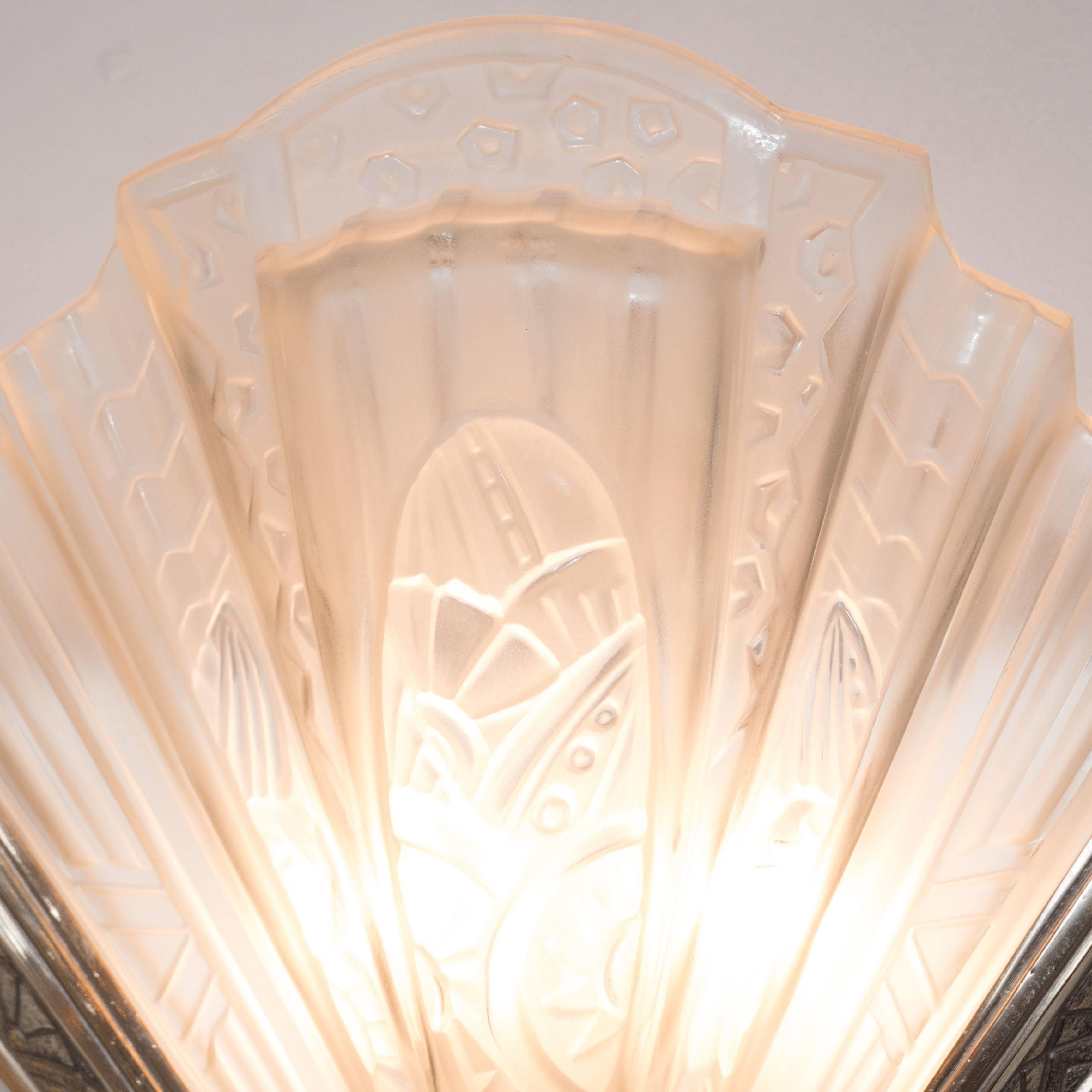 French Set of Four Art Deco Sconces in Frosted Glass and Nickel, Signed Frontisi