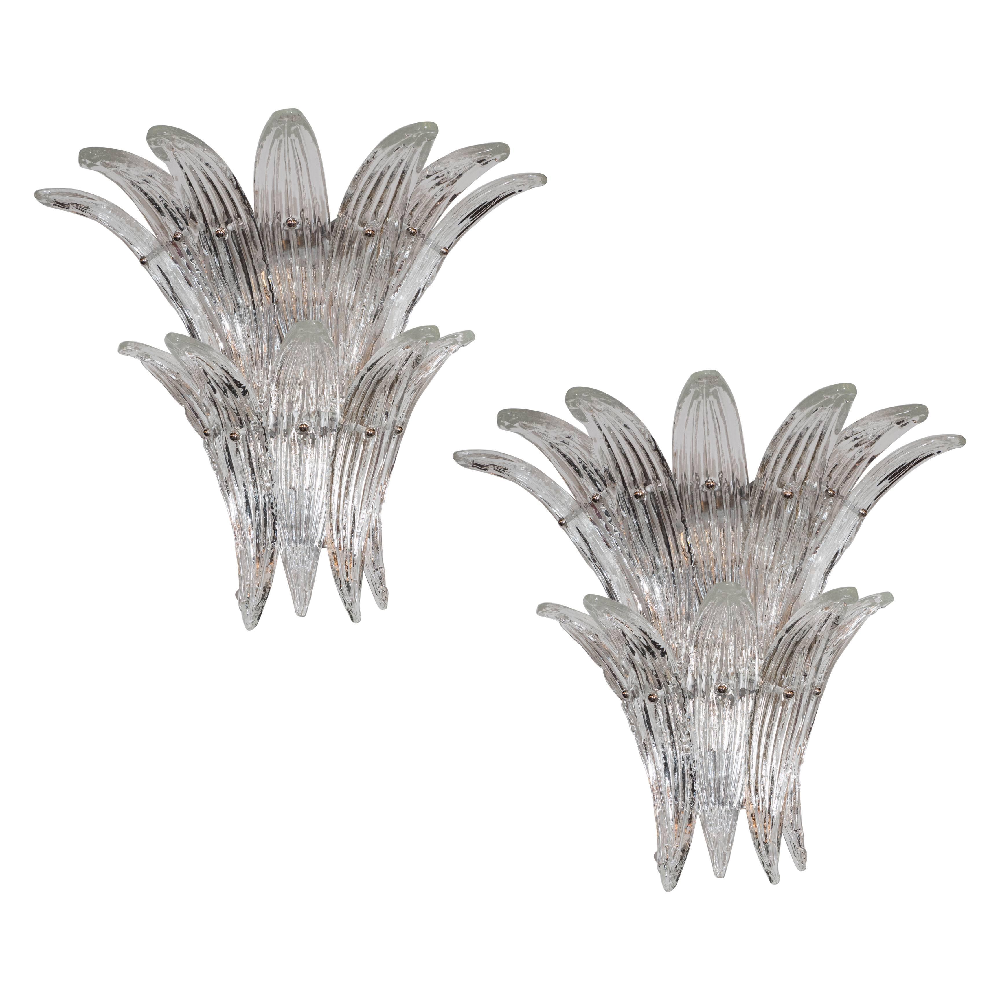 Gorgeous Pair of Mid-Century Two-Tier Palma Sconces in Clear Murano Glass For Sale