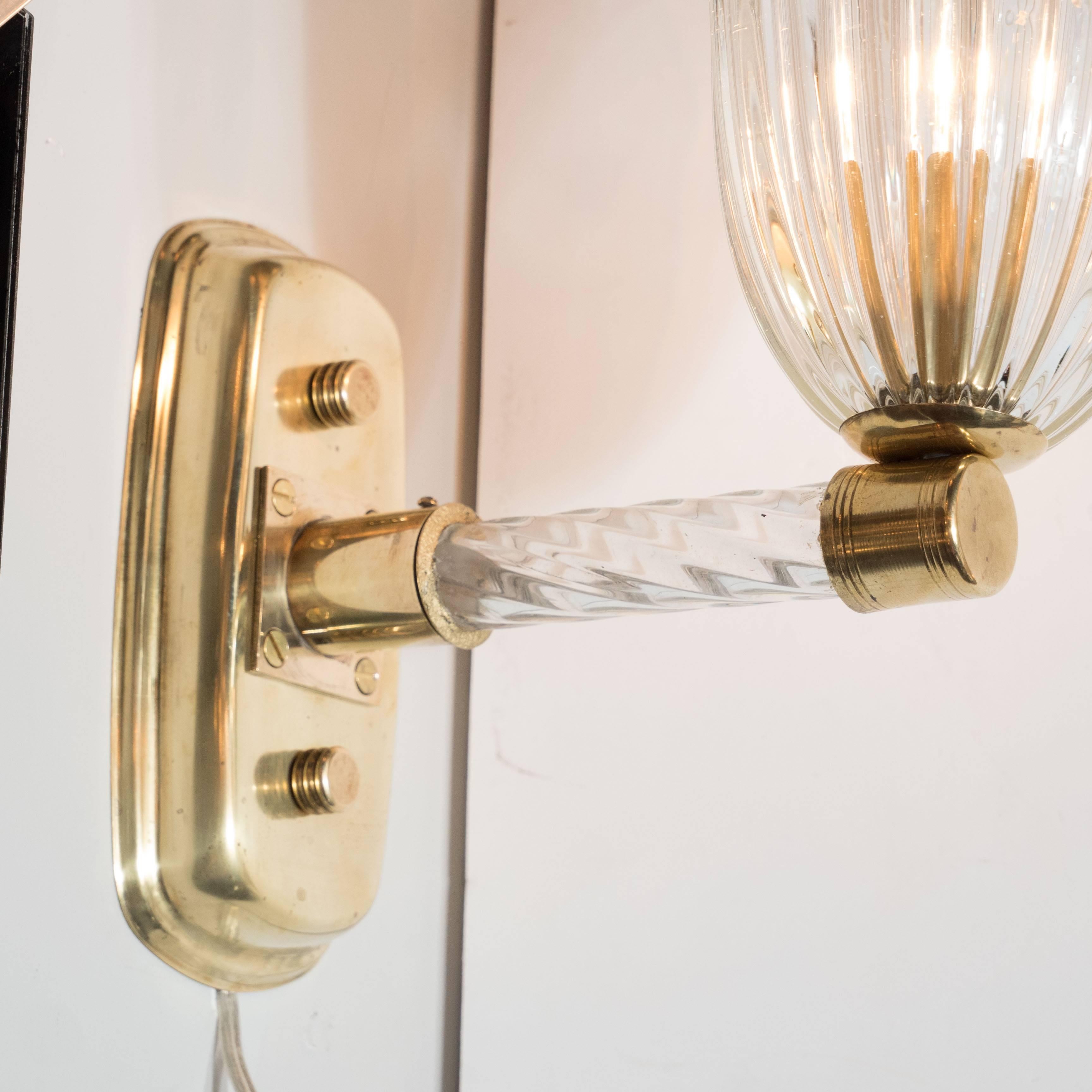 Gorgeous Pair of Mid-Century Arm Sconces in Brass and Glass by Barovier e Toso In Excellent Condition For Sale In New York, NY