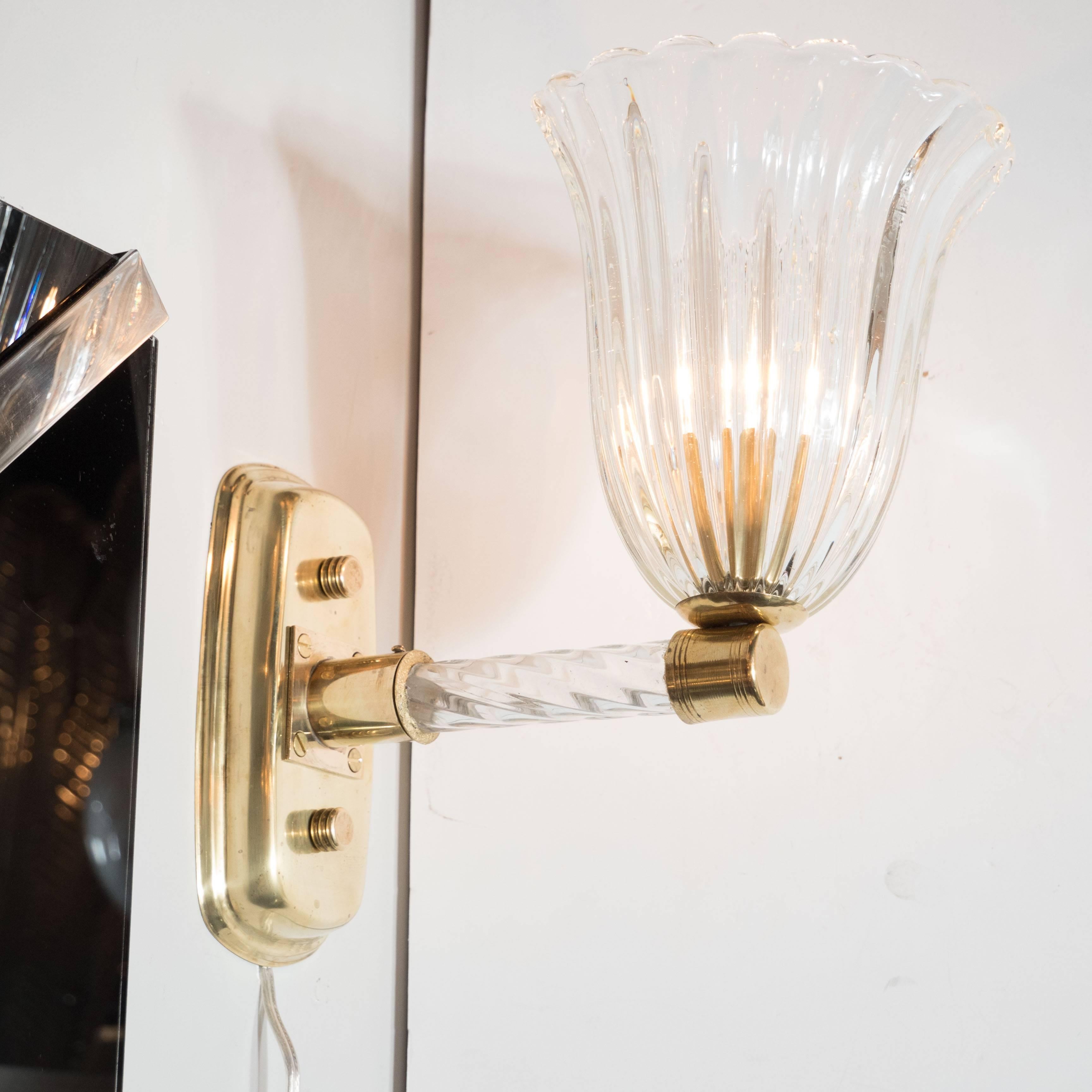 Mid-20th Century Gorgeous Pair of Mid-Century Arm Sconces in Brass and Glass by Barovier e Toso For Sale
