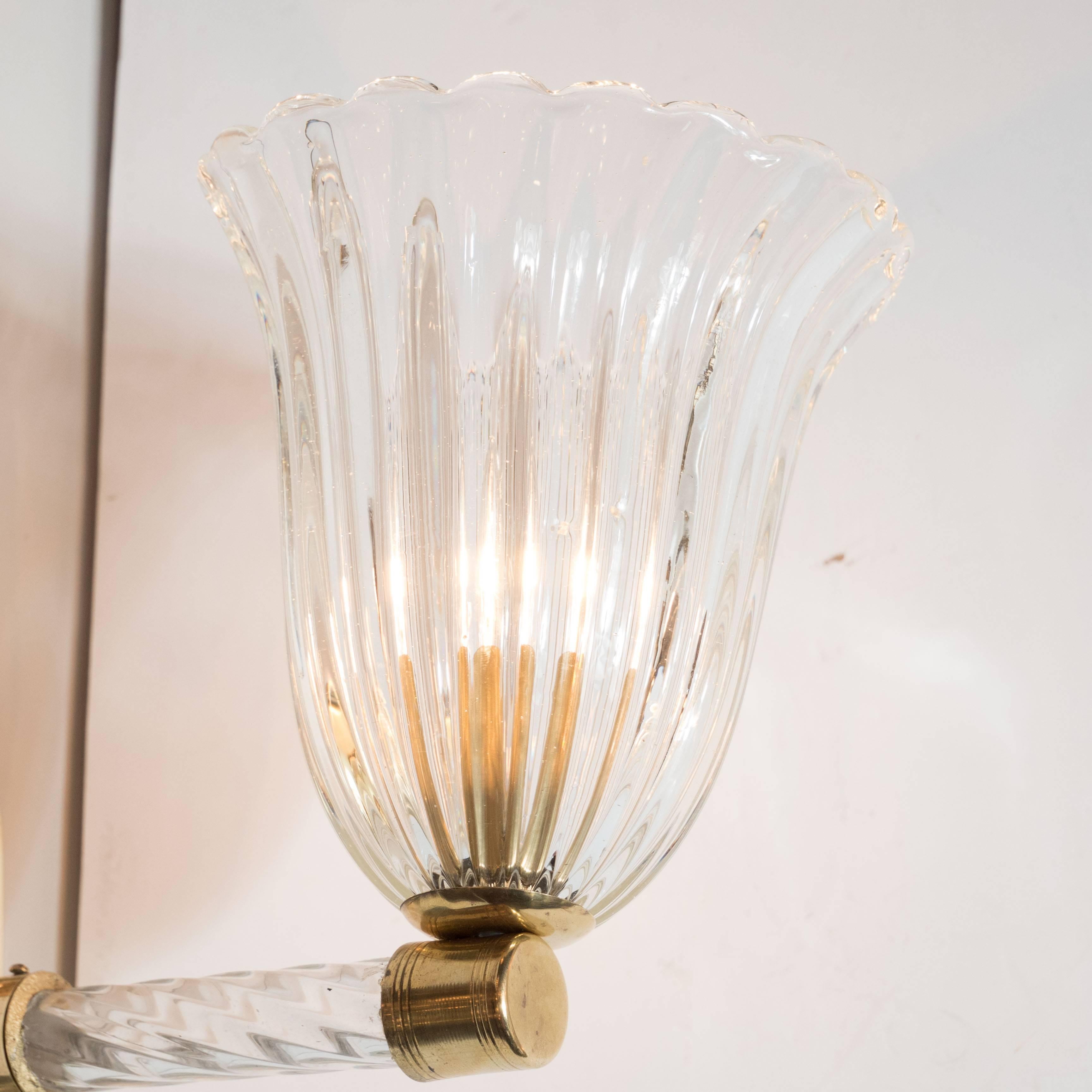 Gorgeous Pair of Mid-Century Arm Sconces in Brass and Glass by Barovier e Toso For Sale 1